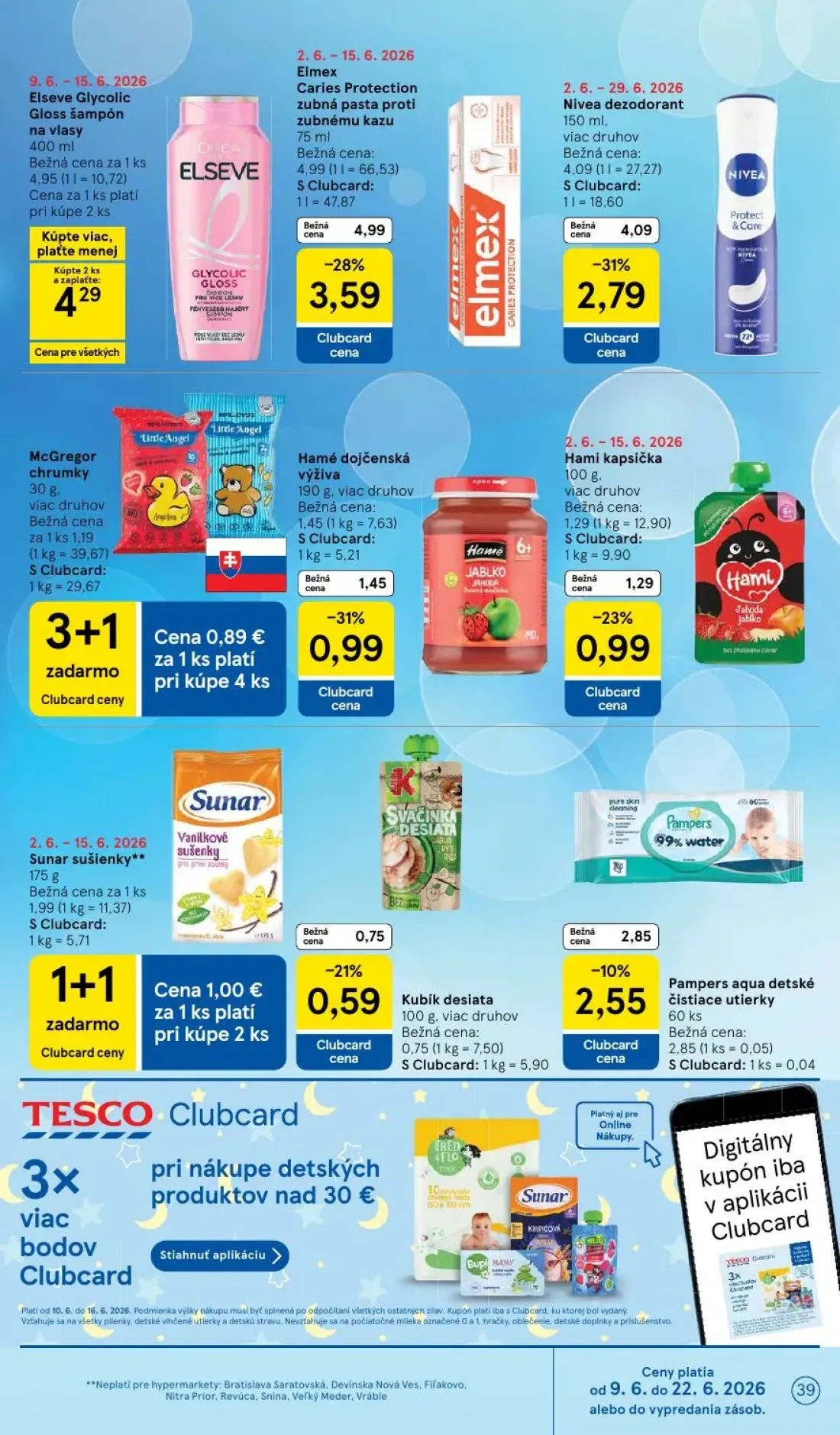 Tesco leták, strana 39 z 51 — Elmex Caries Protection zubná pasta proti zubnému kazu, Nivea dezodorant, Sunar sušienky