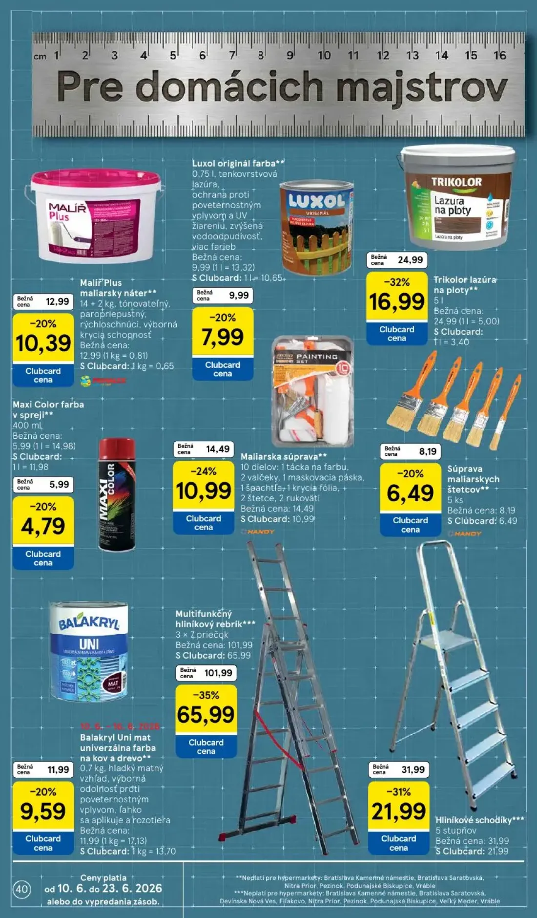 Tesco leták, strana 40 z 51 — Multifunkčný hliníkový rebrík, Hliníkové schodíky, Trikolor lazúra na ploty