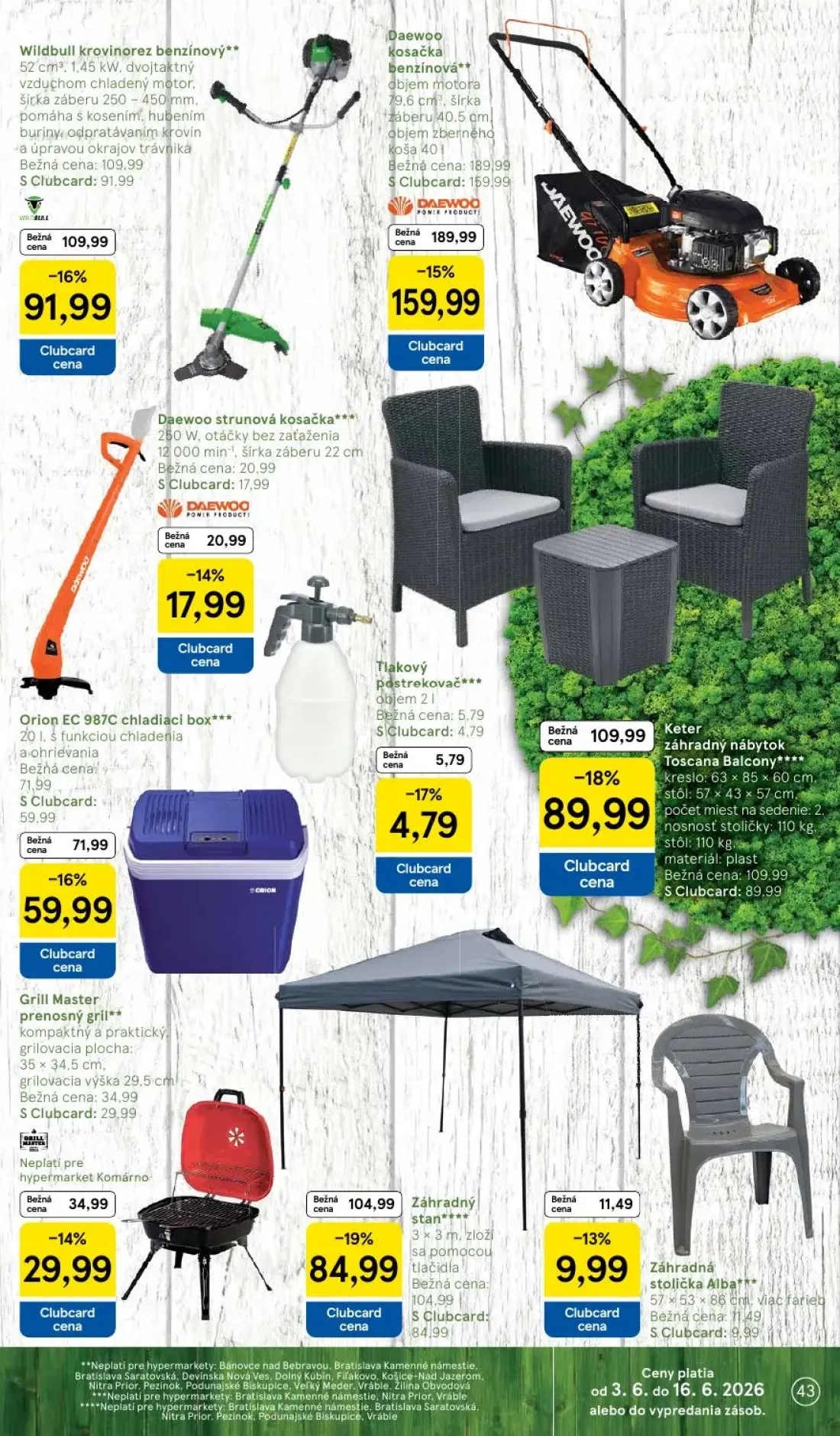 Tesco leták, strana 43 z 51 — Daewoo kosačka benzínová, Keter záhradný nábytok Toscana Balcony, Záhradný stan