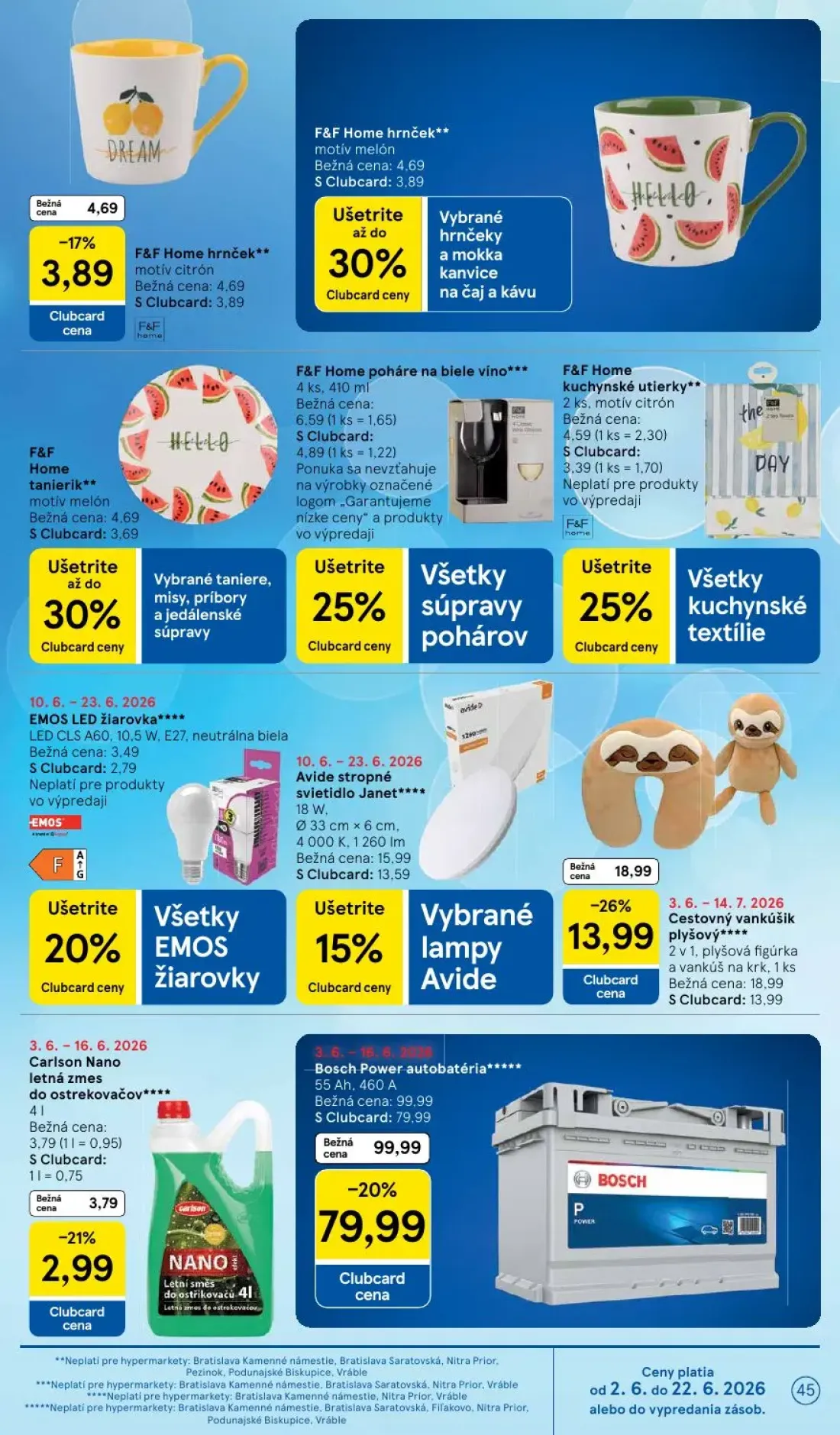 Tesco leták, strana 45 z 51 — Bosch Power autobatéria*****, Cestovný vankúšik plyšový****, Avide stropné svietidlo Janet****