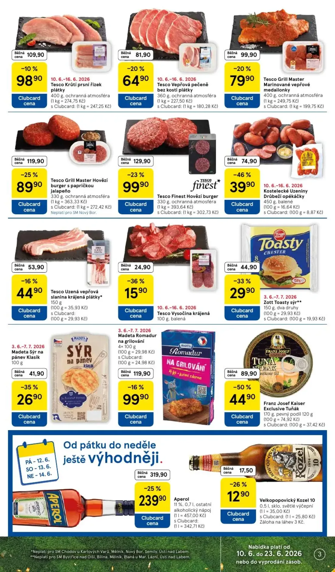Tesco Supermarket leták, strana 3 z 10 — Kostelecké Uzeniny Drůbeží opékáčky, Tesco Grill Master Hovězí burger s papričkou j…