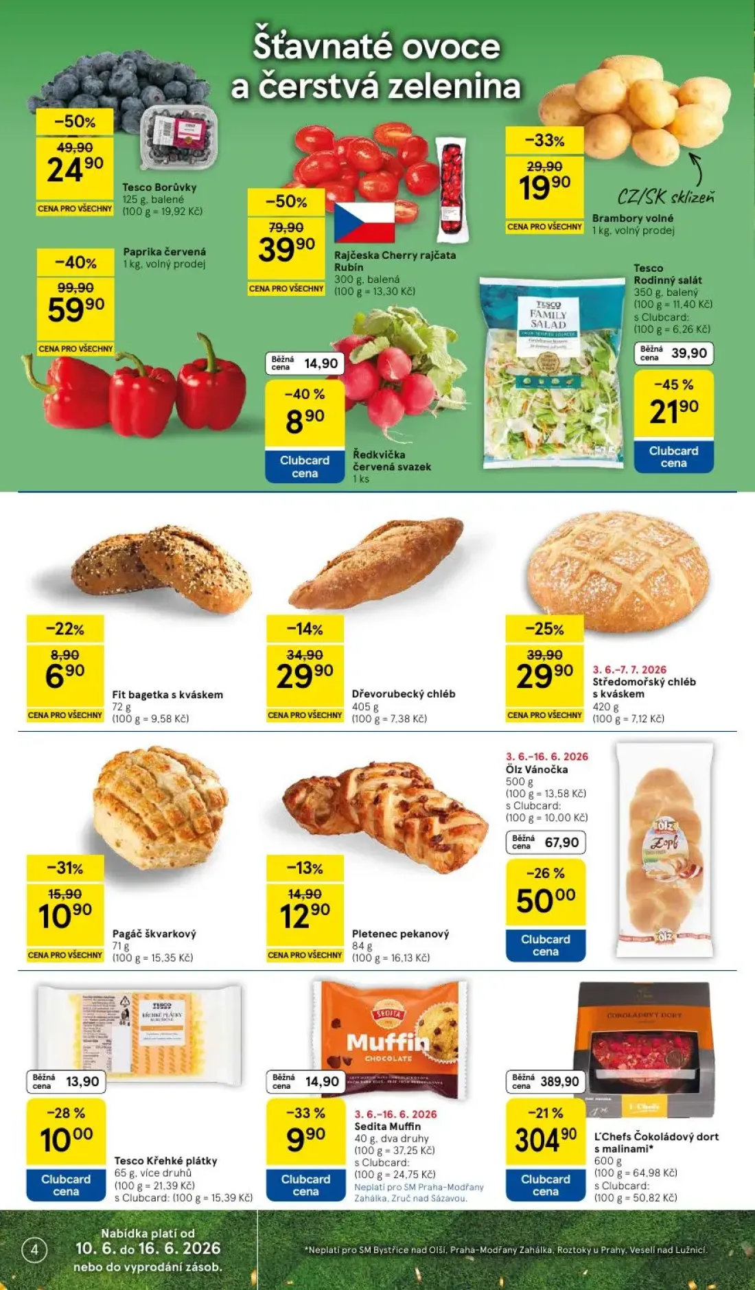 Tesco Supermarket leták, strana 4 z 10 — L'Chefs Čokoládový dort s malinami*, Dřevorubecký chléb, Sedita Muffin