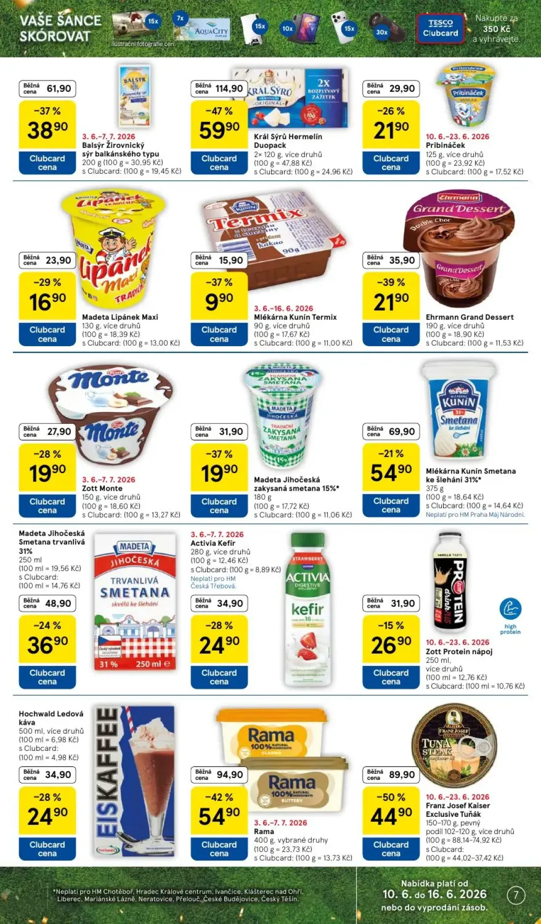 Tesco leták, strana 7 z 39 — Král Sýrů Hermelín Duopack, Balsýr Žirovnický sýr balkánského typu, Ehrmann Grand Dessert
