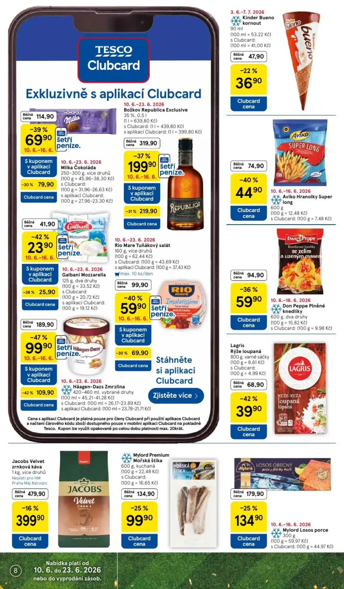 Tesco leták, strana 8 z 39 — Galbani Mozzarella, Kinder Bueno kornout