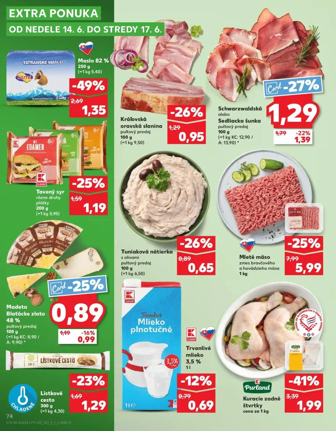 Kaufland leták, strana 74 z 78 — Schwarzwaldská alebo Sedliacka šunka, Kráľovská oravská slanina