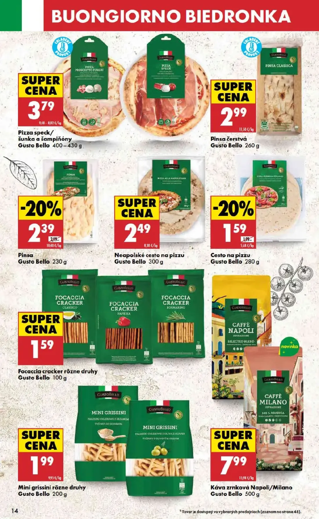 Biedronka leták, strana 14 z 48 — Pinsa, Cesto na pizzu, Pizza speck/šunka a šampiňóny