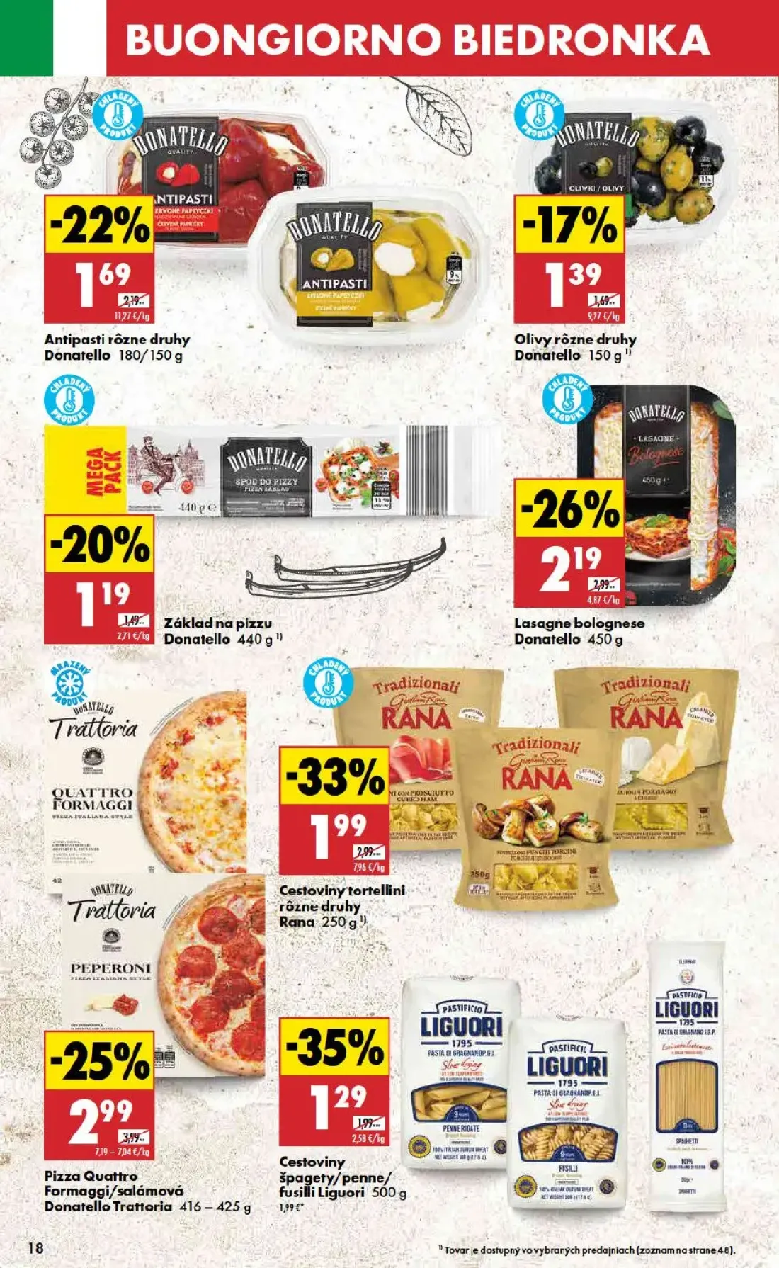 Biedronka leták, strana 18 z 48 — Cestoviny tortellini rôzne druhy Rana, Pizza Quattro Formaggi/salámová Donatello Trattoria…