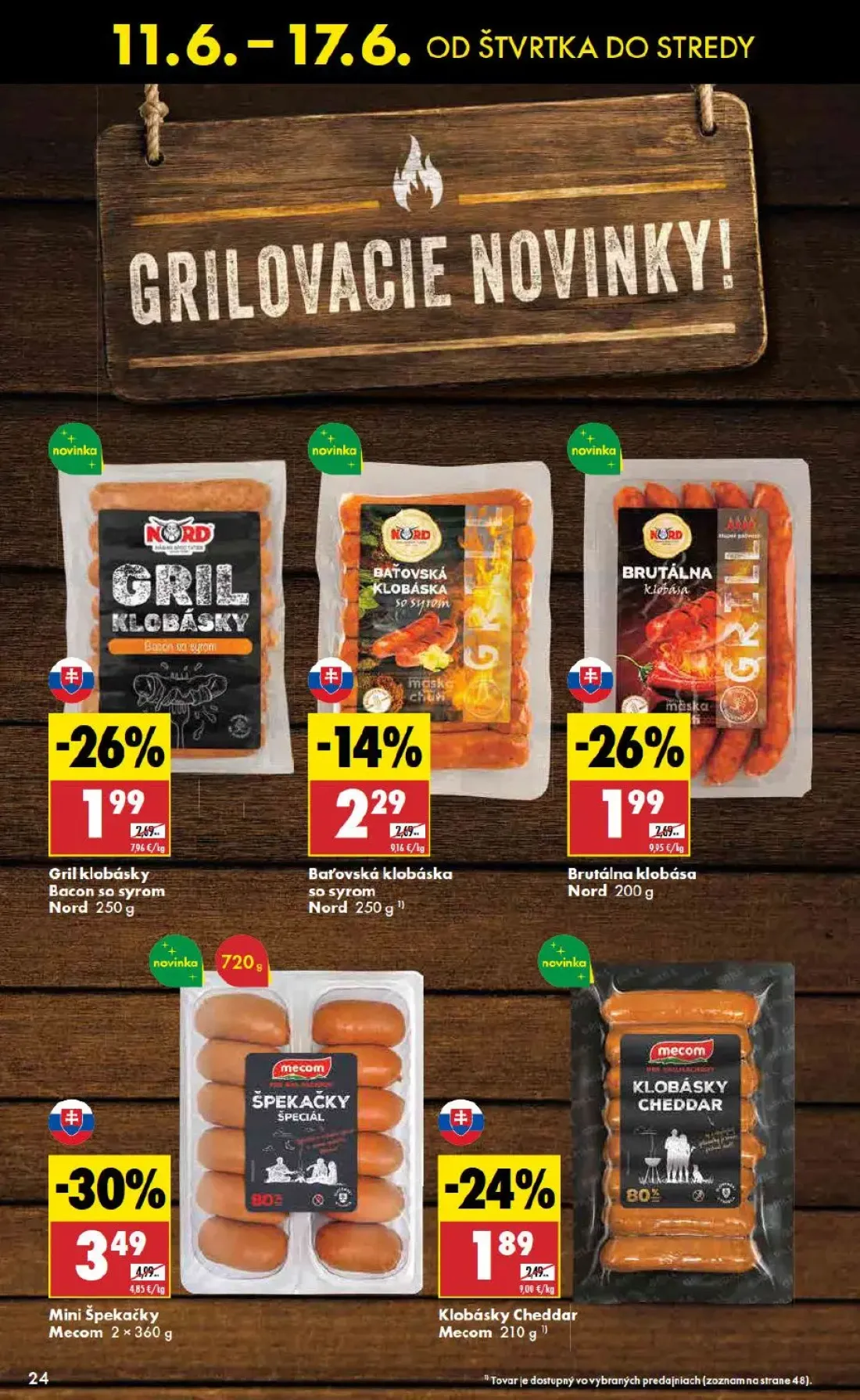 Biedronka leták, strana 24 z 48 — Mini Špekačky Mecom, Gril klobásky Bacon so syrom Nord, Brutálna klobása Nord