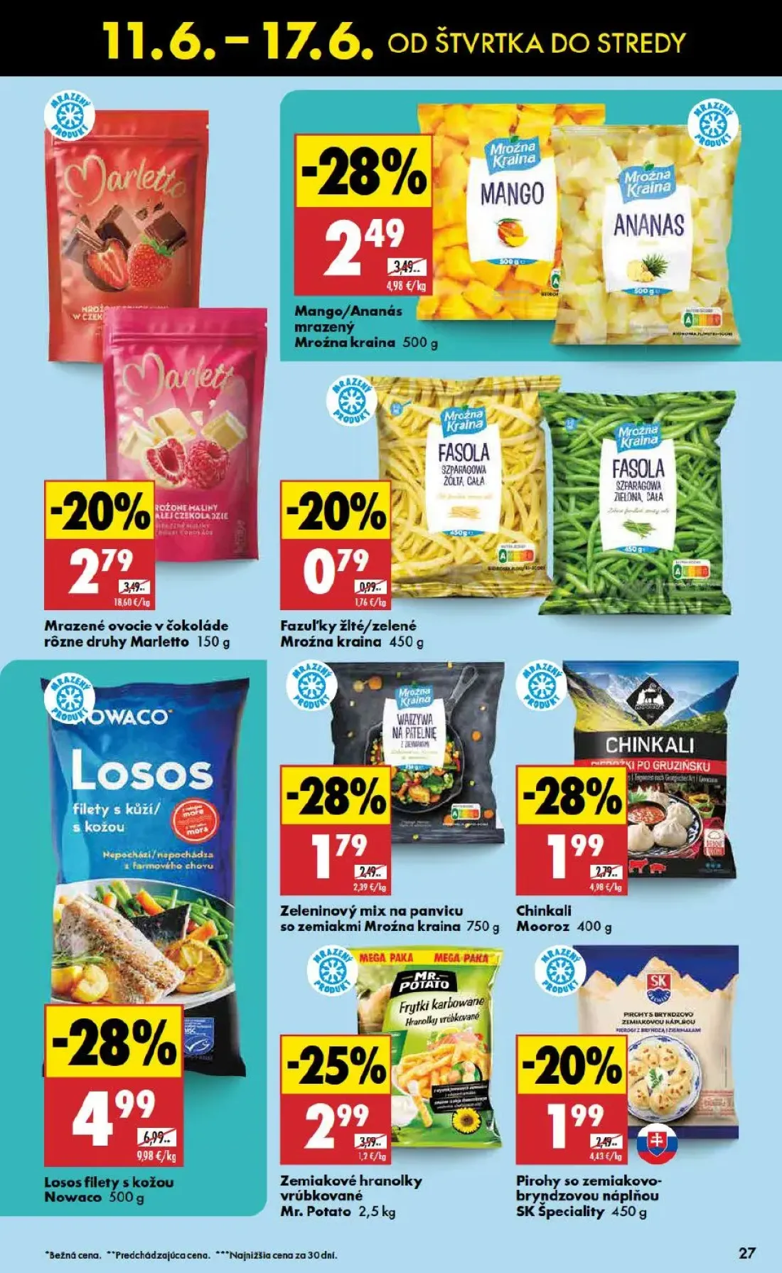 Biedronka leták, strana 27 z 48 — Losos filety s kožou Nowaco, Mango/Ananás mrazený Mroźna kraina, Zemiakové hranolky vrúbko…