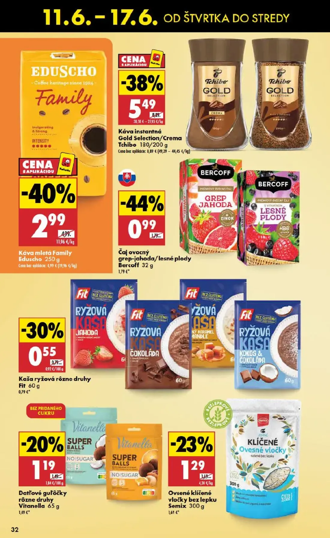 Biedronka leták, strana 32 z 48 — Káva instantná Gold Selection/Crema Tchibo, Káva mletá Family Eduscho, Čaj ovocný grep-jah…