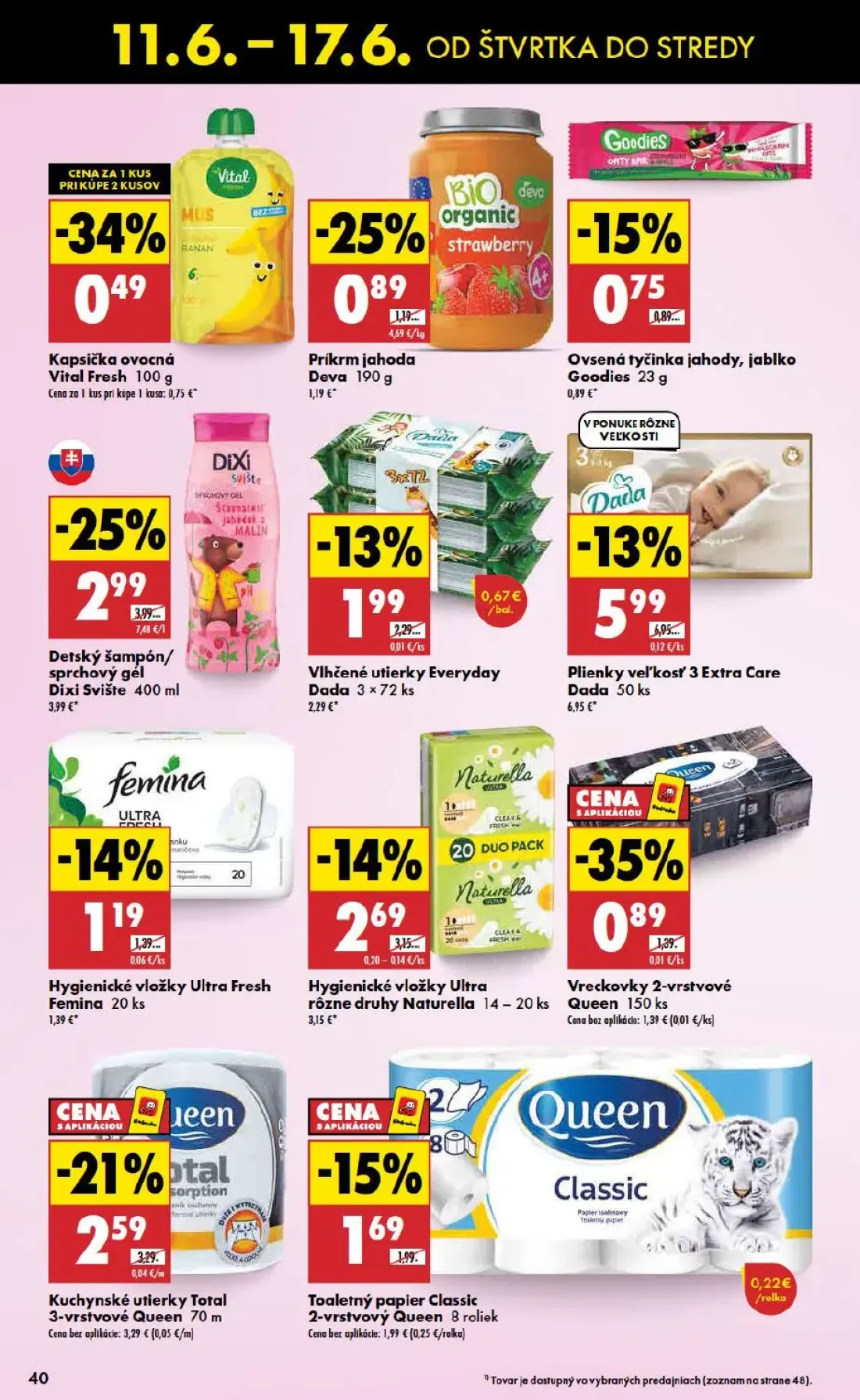 Biedronka leták, strana 40 z 48 — Detský šampón/ sprchový gél Dixi Svište, Plienky veľkosť 3 Extra Care Dada, Kuchynské utie…