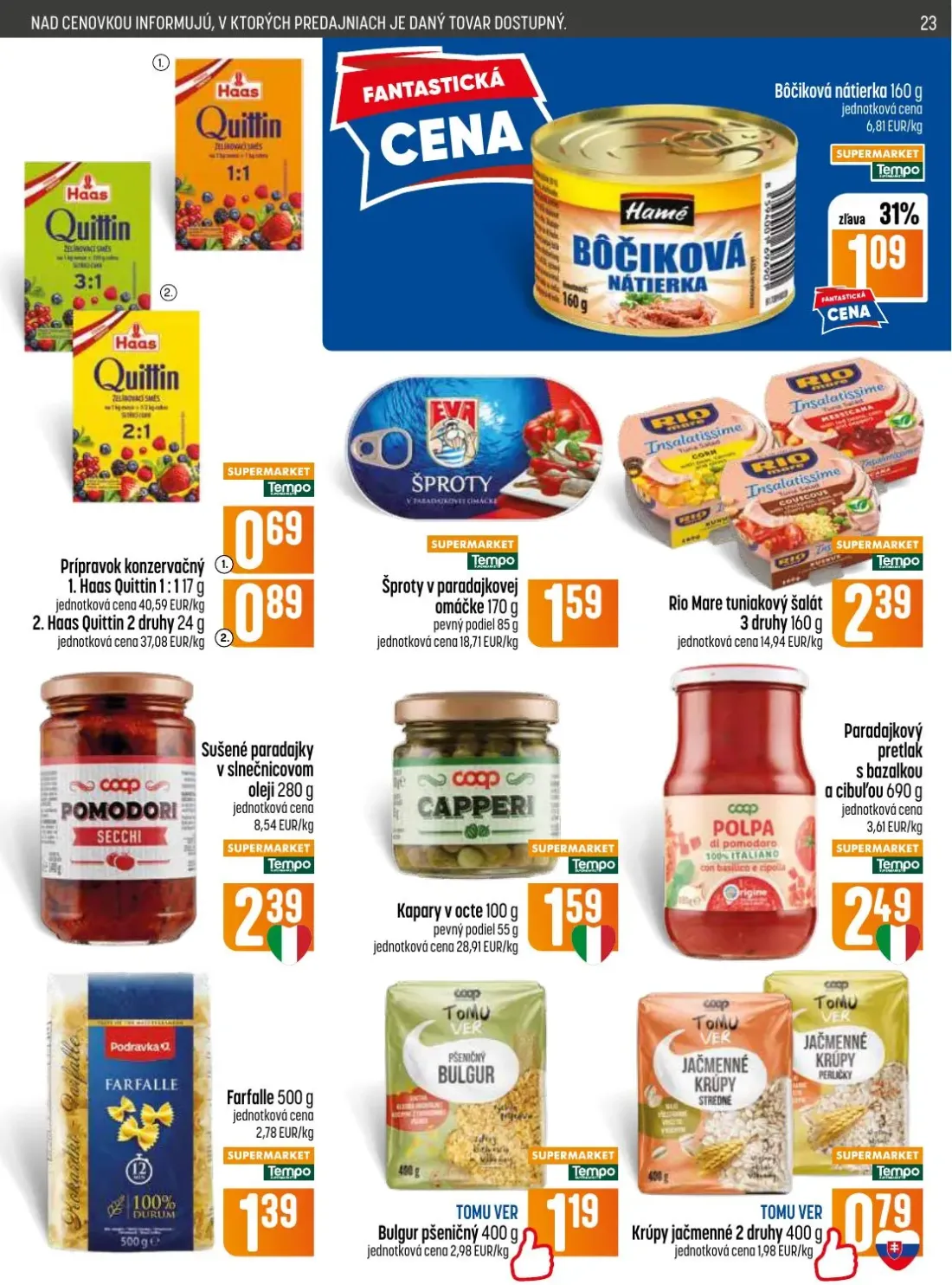 Coop Jednota leták, strana 23 z 32 — Paradajkový pretlak s bazalkou a cibuľou, Farfalle