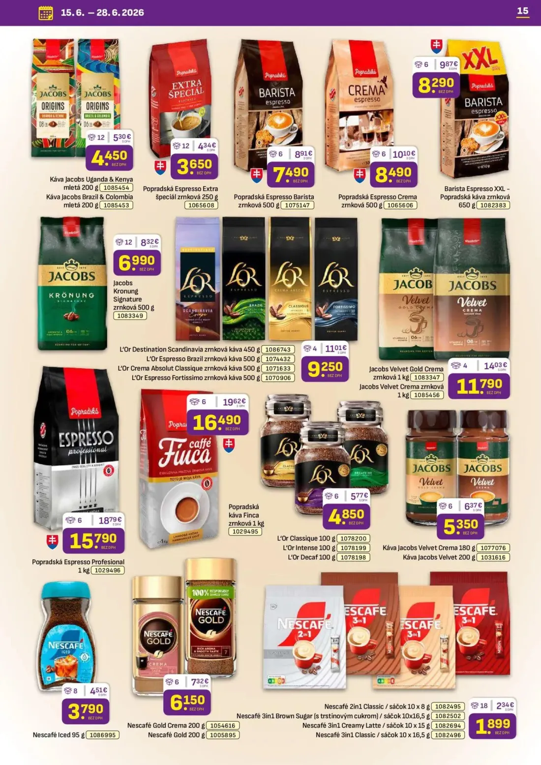 Libex leták, strana 15 z 36 — Popradská káva Finca zrnková 1 kg, Popradská Espresso Profesional 1 kg, Jacobs Velvet Gold Cre…