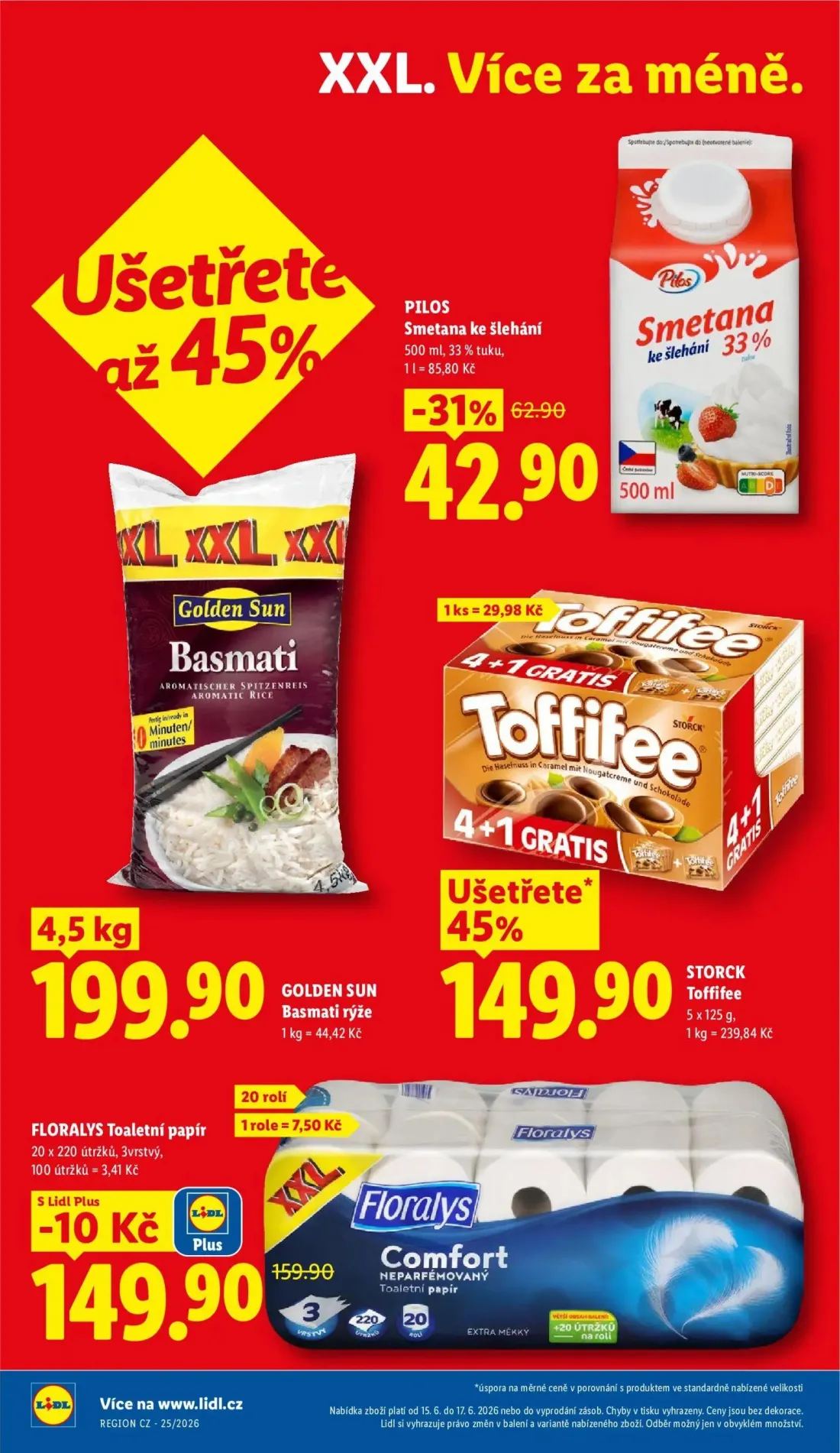 Lidl leták, strana 2 z 49 — Pilos Smetana ke šlehání, FLORALYS Toaletní papír, Golden Sun Basmati
