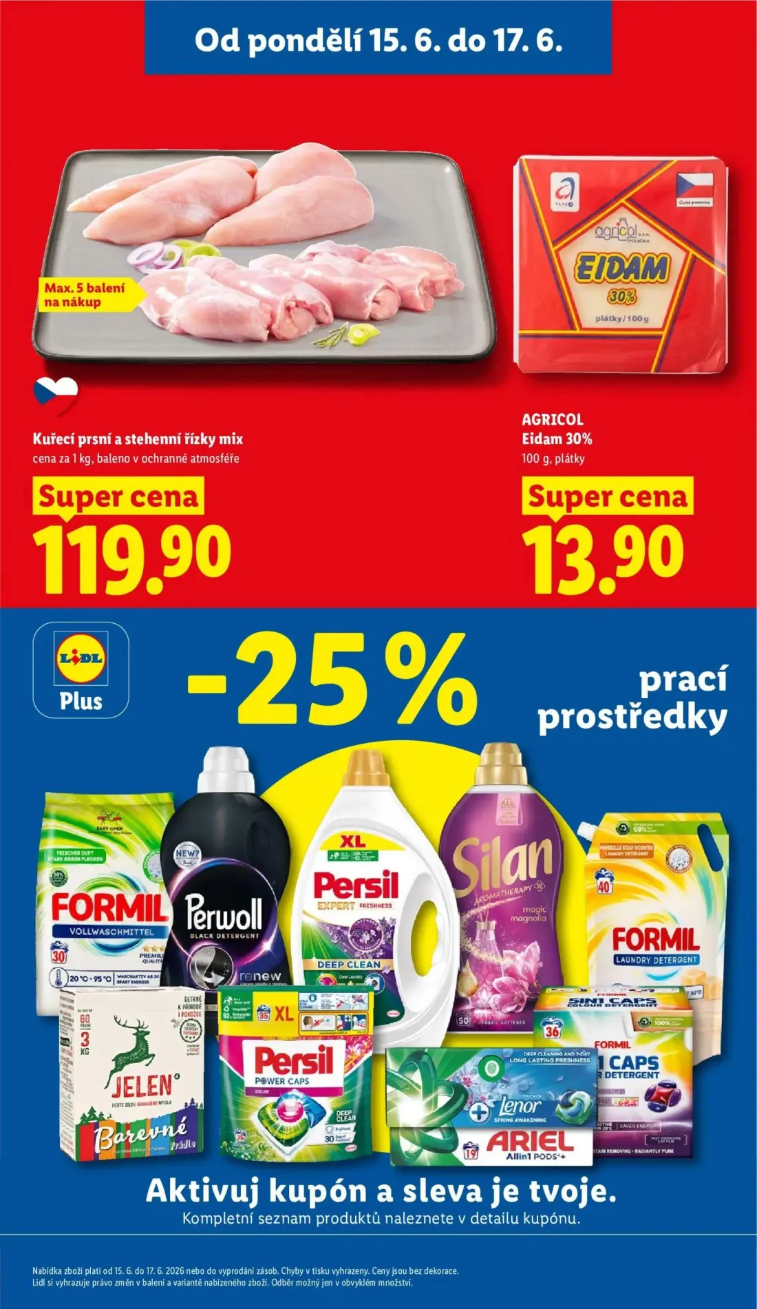 Lidl leták, strana 3 z 49 — Kuřecí prsní a stehenní řízky mix, Eidam 30%