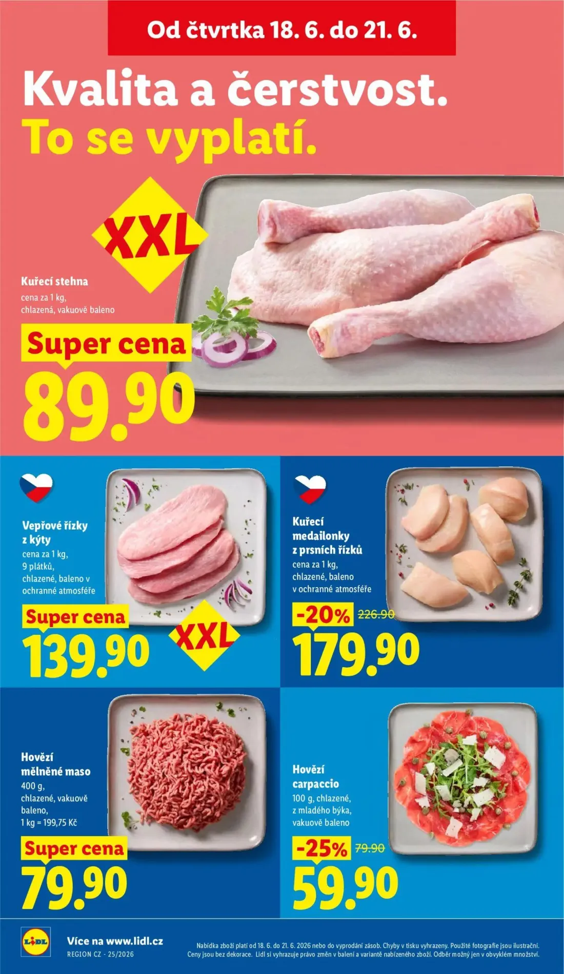 Lidl leták, strana 12 z 49 — Kuřecí medailonky z prsních řízků, Hovězí carpaccio, Kuřecí stehna