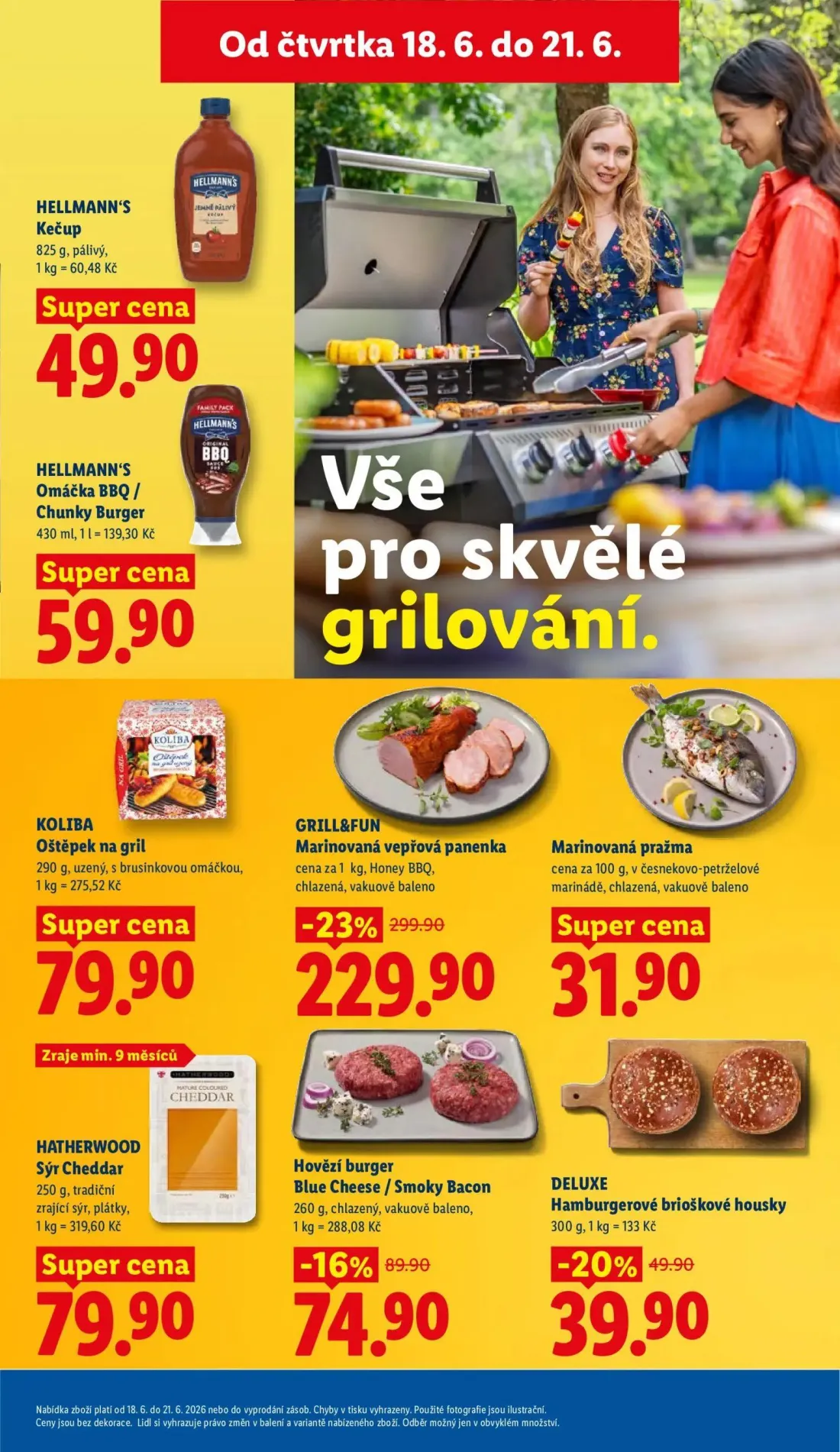 Lidl leták, strana 13 z 49 — Marinovaná vepřová panenka, Hovězí burger Blue Cheese / Smoky Bacon, DELUXE Hamburgerové briošk…