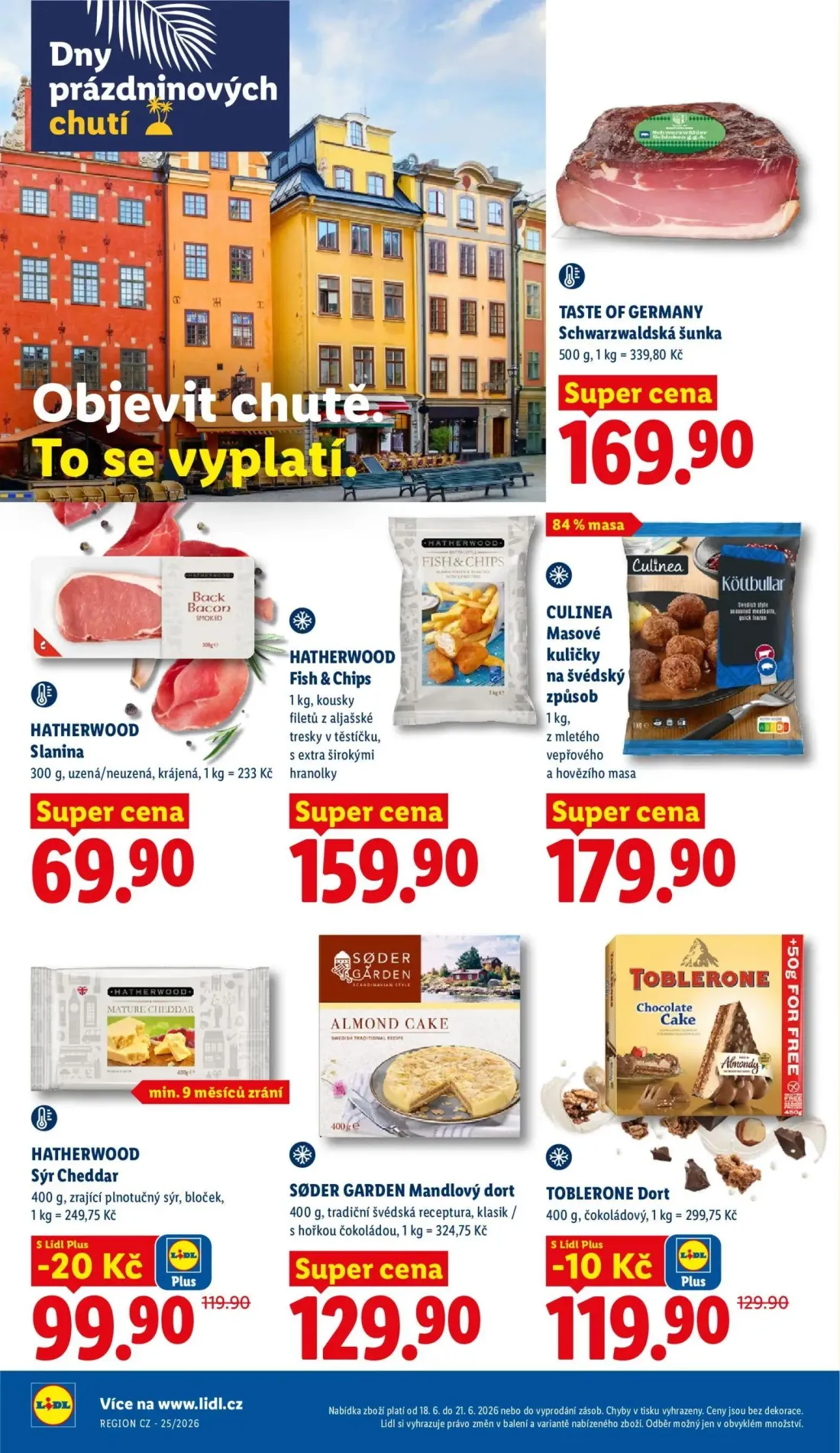 Lidl leták, strana 16 z 49 — HATHERWOOD Sýr Cheddar, TOBLERONE Dort, Schwarzwaldská šunka