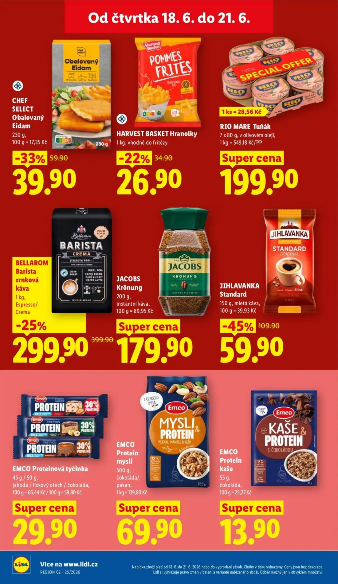 Lidl leták, strana 20 z 49 — Obalovaný Eidam, RIO MARE Tuňák, EMCO Proteinová tyčinka