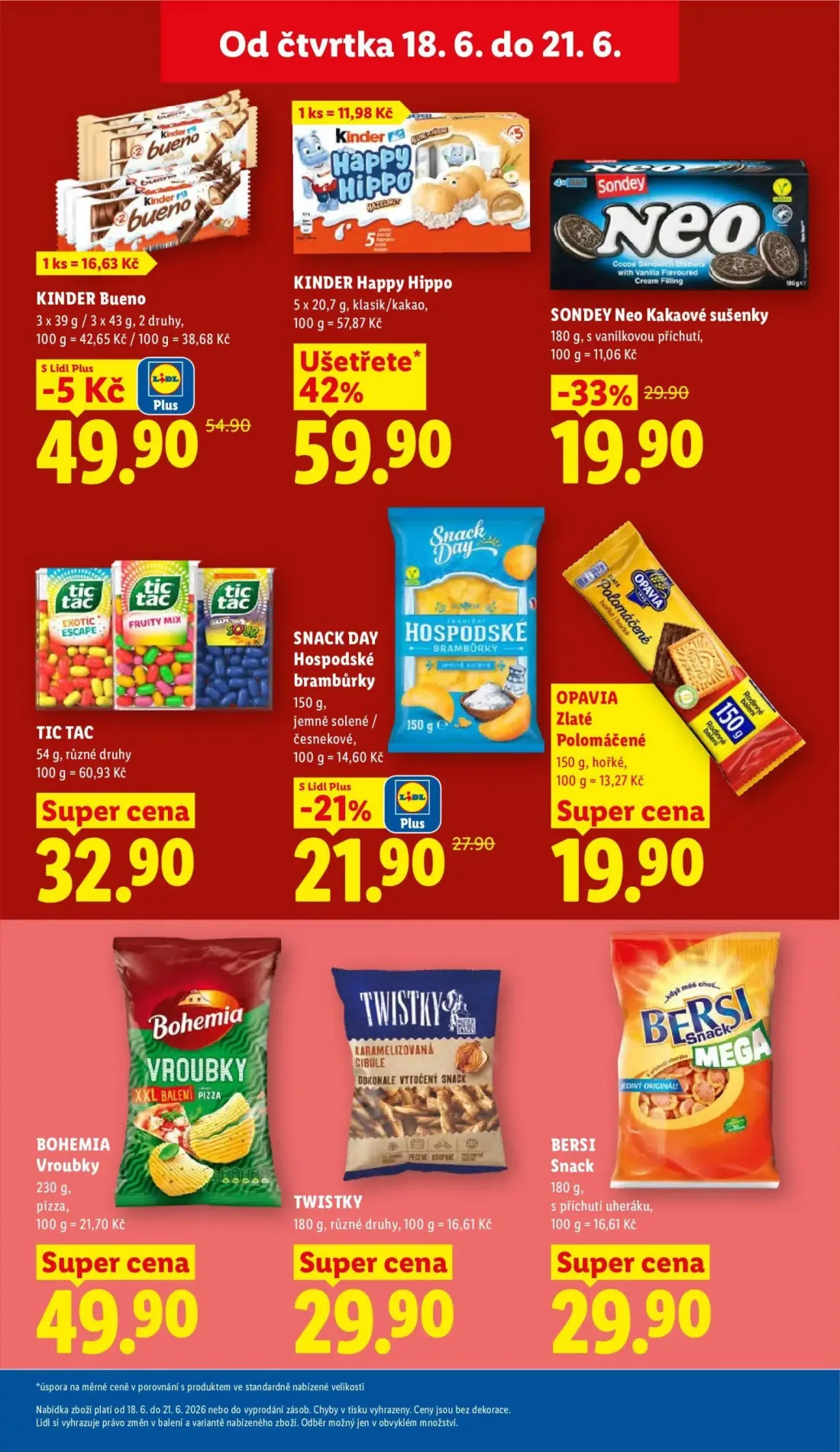 Lidl leták, strana 21 z 49 — SONDEY Neo Kakaové sušenky, SNACK DAY Hospodské brambůrky, KINDER Bueno