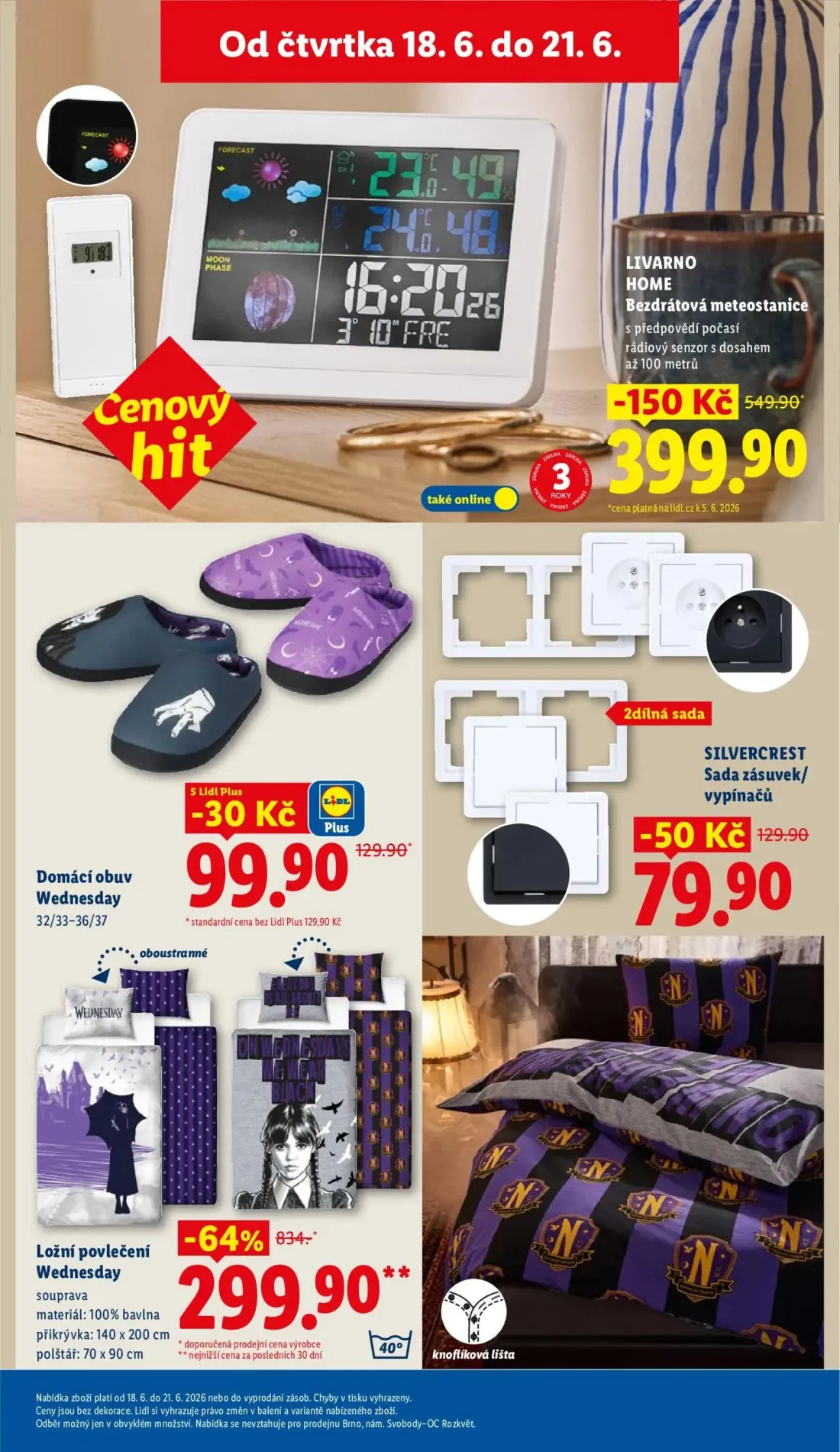 Lidl leták, strana 37 z 49 — Ložní povlečení Wednesday, Bezdrátová meteostanice, Sada zásuvek/ vypínačů
