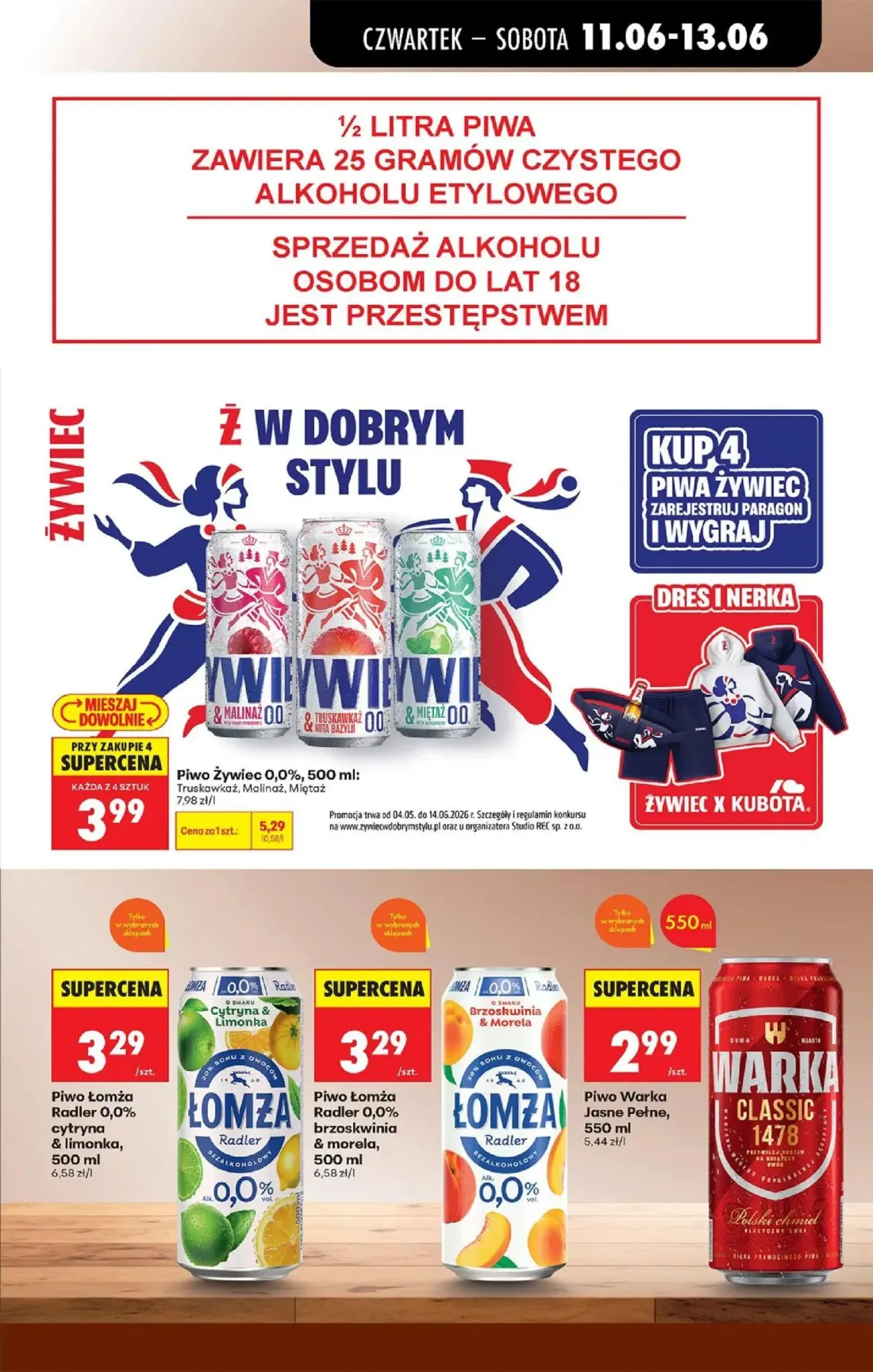 Biedronka gazetka, strona 61 z 77 — Piwo Żywiec 0,0%, Piwo Łomża Radler 0,0% cytryna & limonka, Piwo Łomża Radler 0,0% brzos…