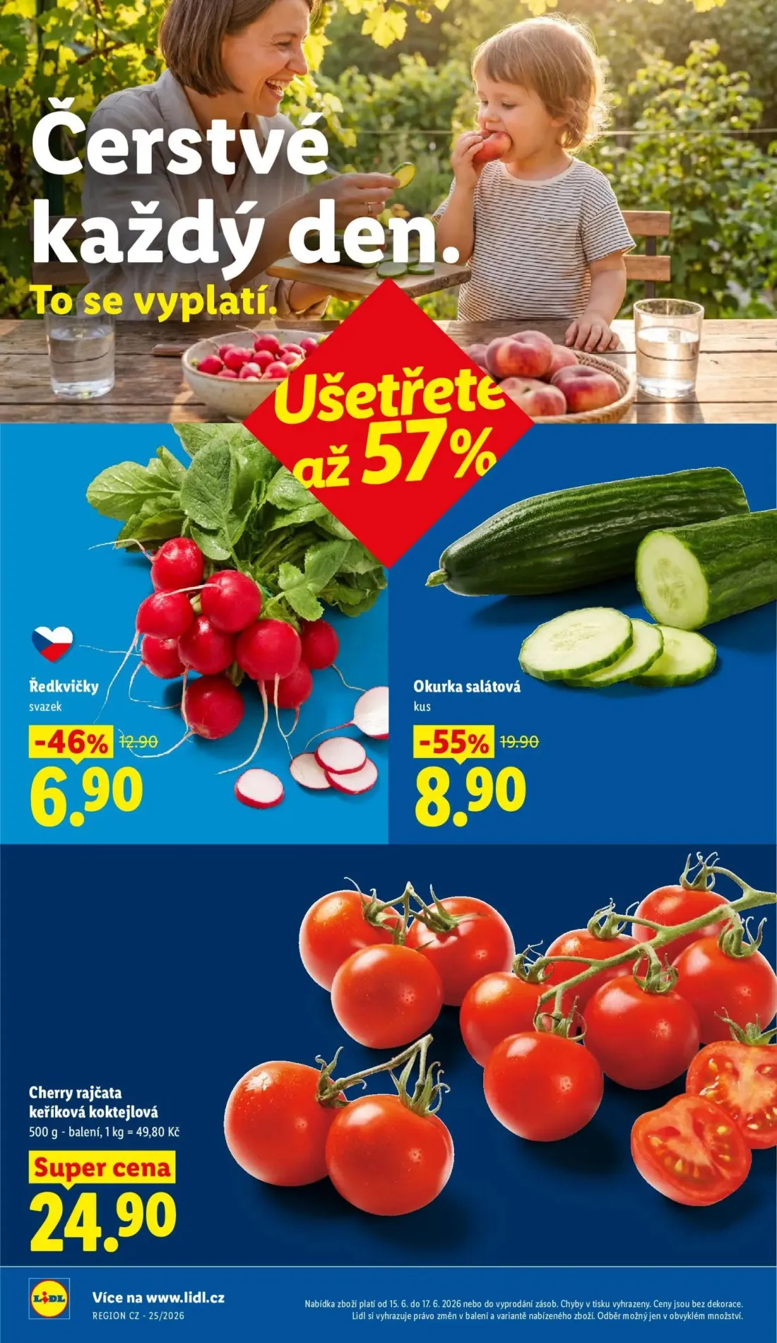 Lidl leták, strana 10 z 51 — Okurka salátová, Ředkvičky, Cherry rajčata keříková koktejlová