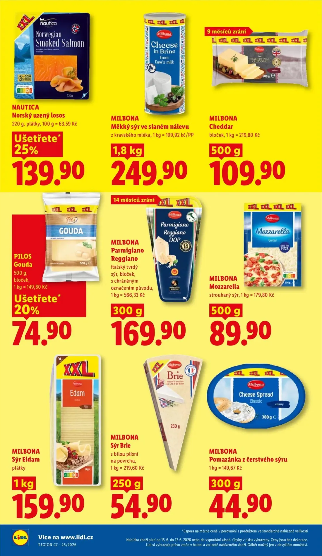 Lidl leták, strana 14 z 51 — Měkký sýr ve slaném nálevu, Cheddar, Gouda