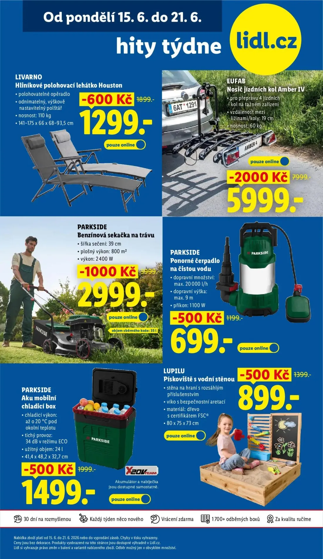Lidl leták, strana 45 z 51 — Nosič jízdních kol Amber IV, Benzínová sekačka na trávu, Hliníkové polohovací lehátko Houston