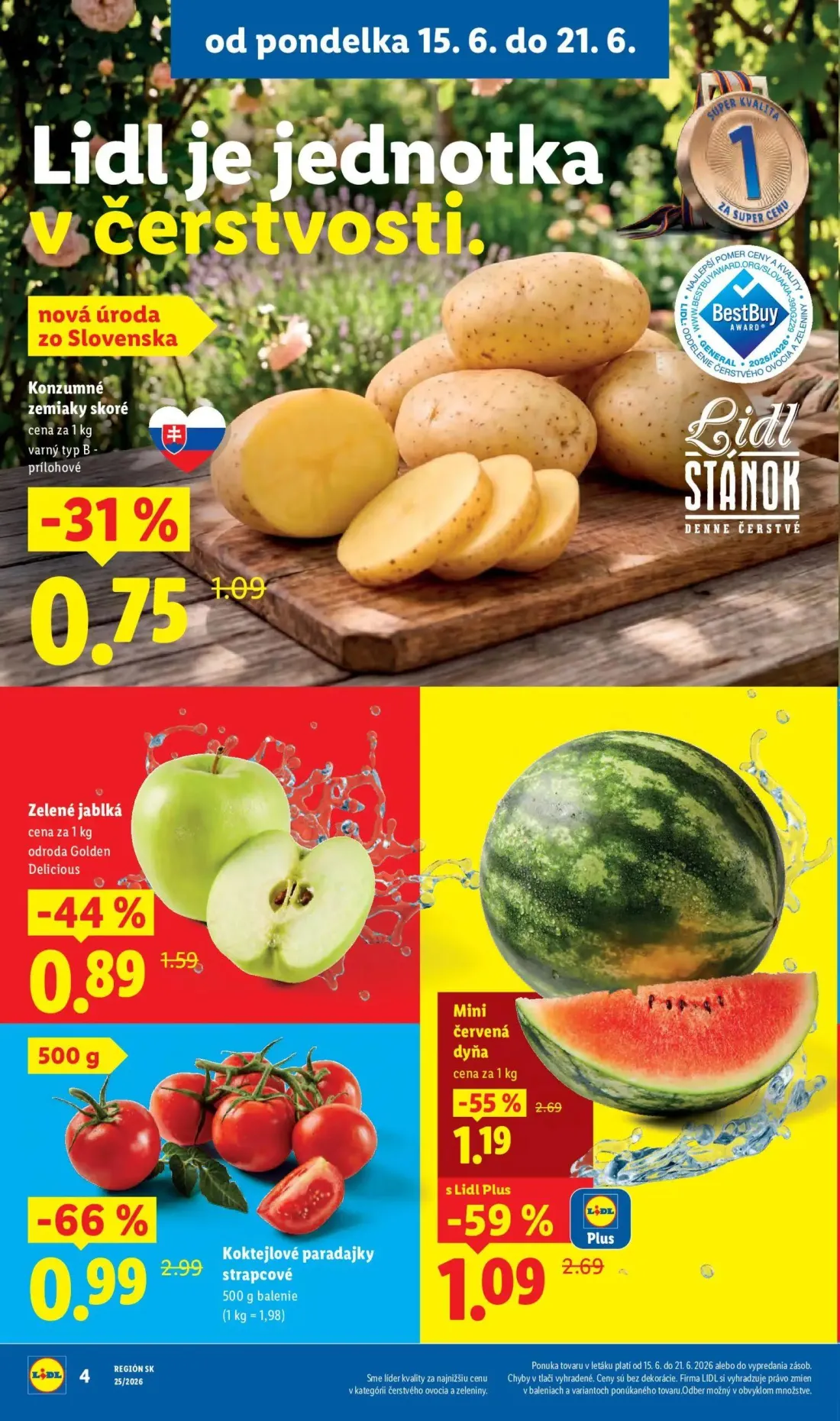Lidl leták, strana 4 z 101 — Koktejlové paradajky strapcové, Mini červená dyňa, Zelené jablká odroda Golden Delicious