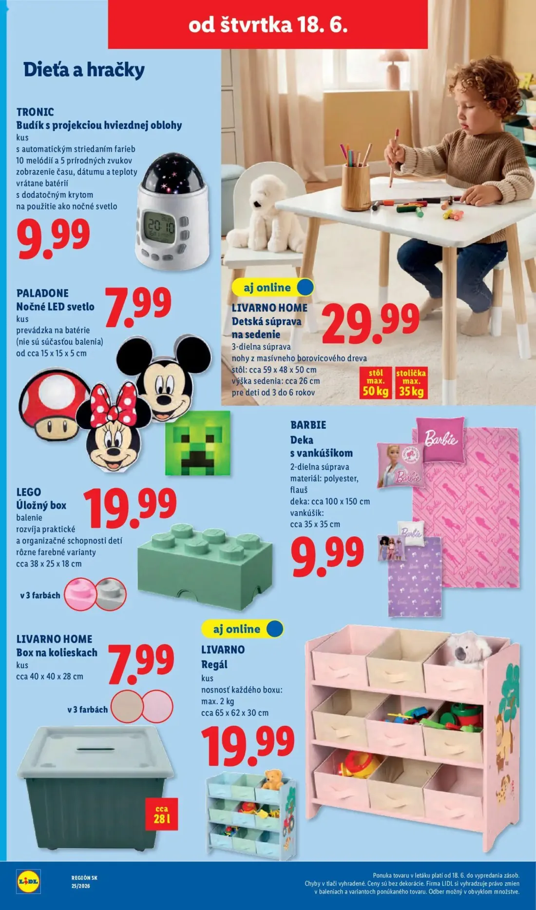 Lidl leták, strana 92 z 101 — LIVARNO HOME Detská súprava na sedenie, LEGO Úložný box, BARBIE Deka s vankúšikom