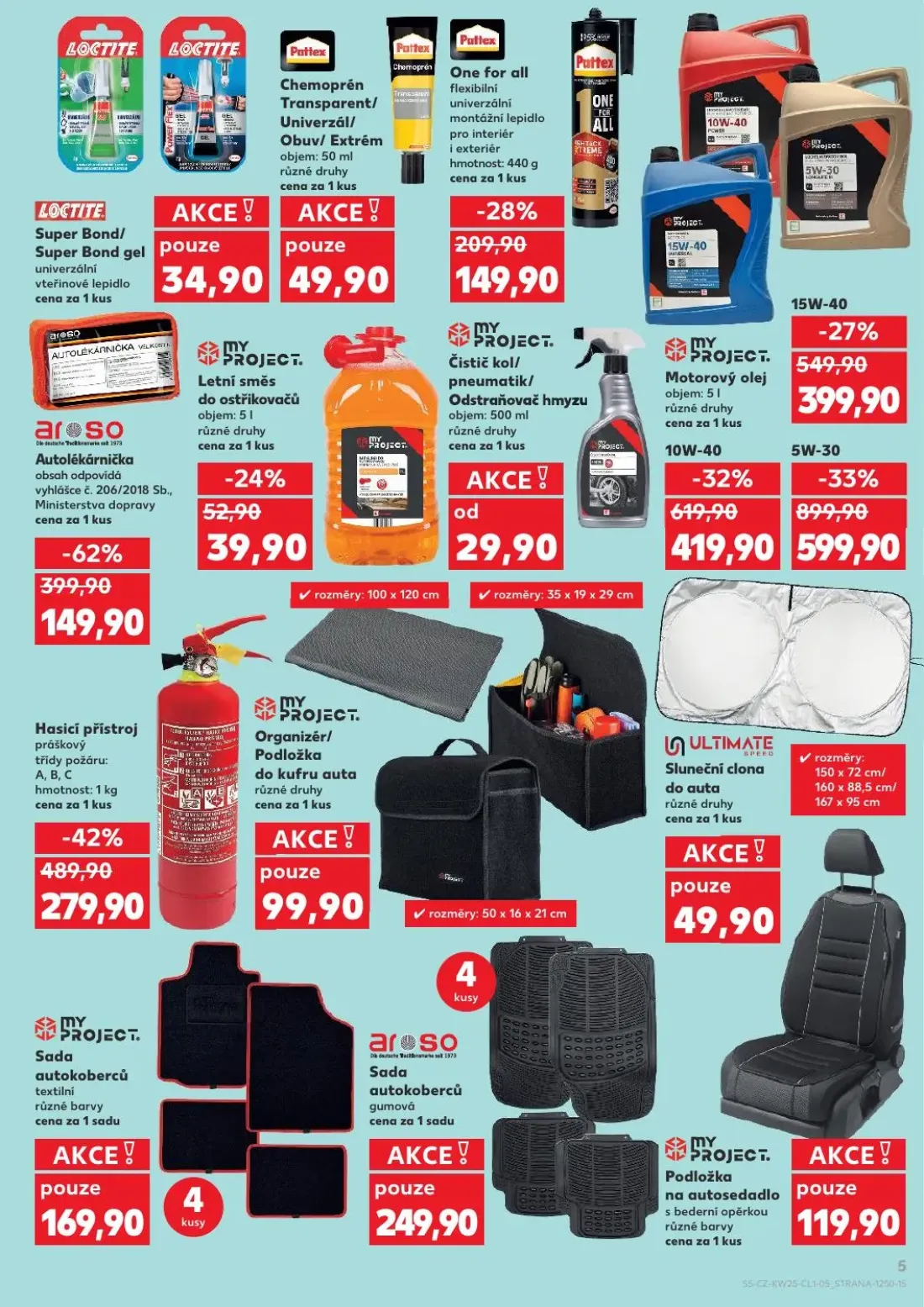 Kaufland leták, strana 5 z 10 — MY PROJECT. Motorový olej 5W-30, areso Autolékárnička, Hasicí přístroj práškový