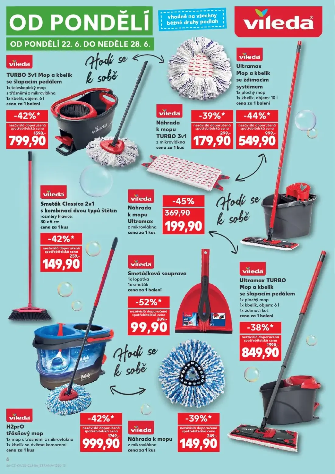 Kaufland leták, strana 6 z 10 — H2prO třásňový mop, TURBO 3v1 Mop a kbelík se šlapacím pedálem, Ultramax TURBO Mop a kbelík …