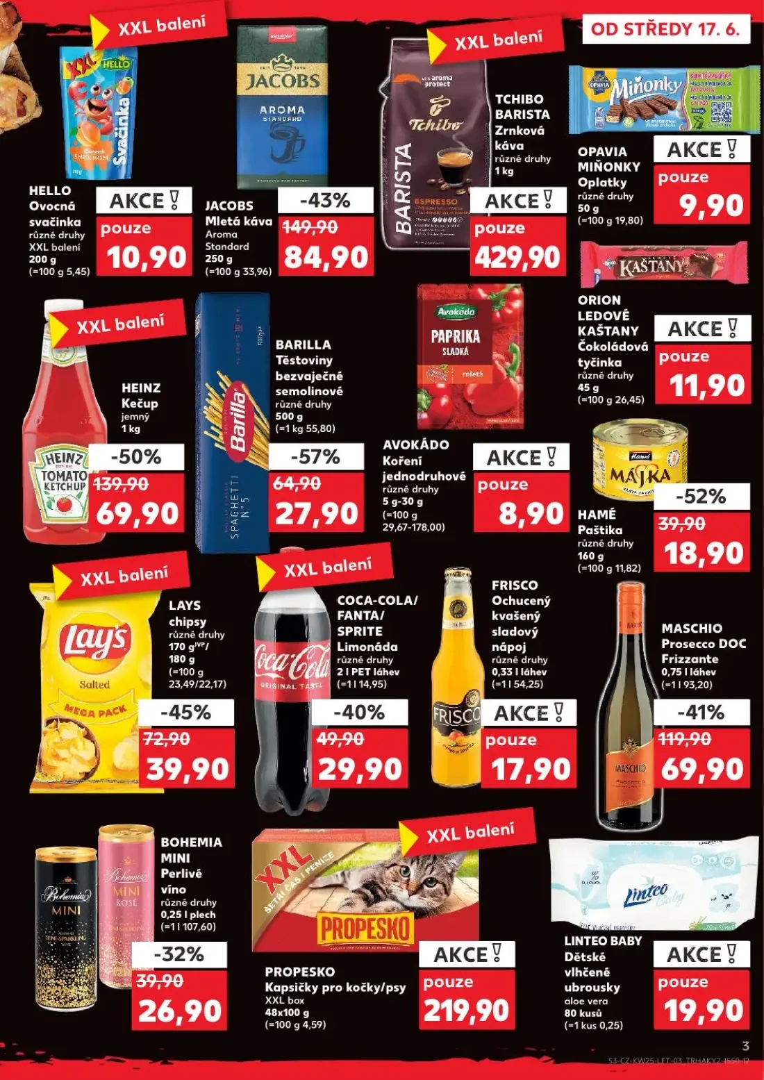 Kaufland leták, strana 3 z 52 — JACOBS Mletá káva Aroma Standard, COCA-COLA/ FANTA/ SPRITE Limonáda, HELLO Ovocná svačinka
