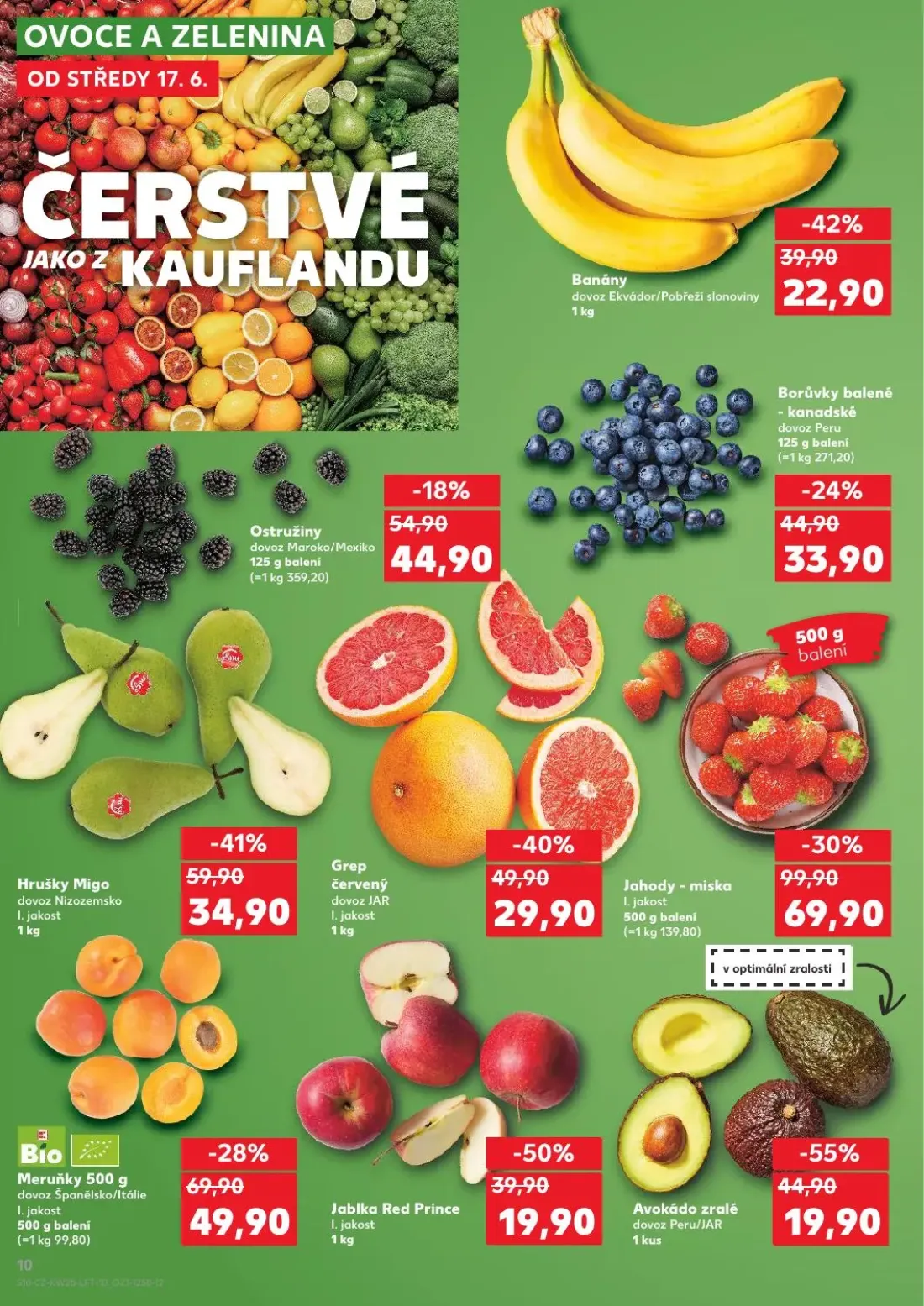 Kaufland leták, strana 10 z 52 — Jahody - miska, Hrušky Migo, Avokádo zralé