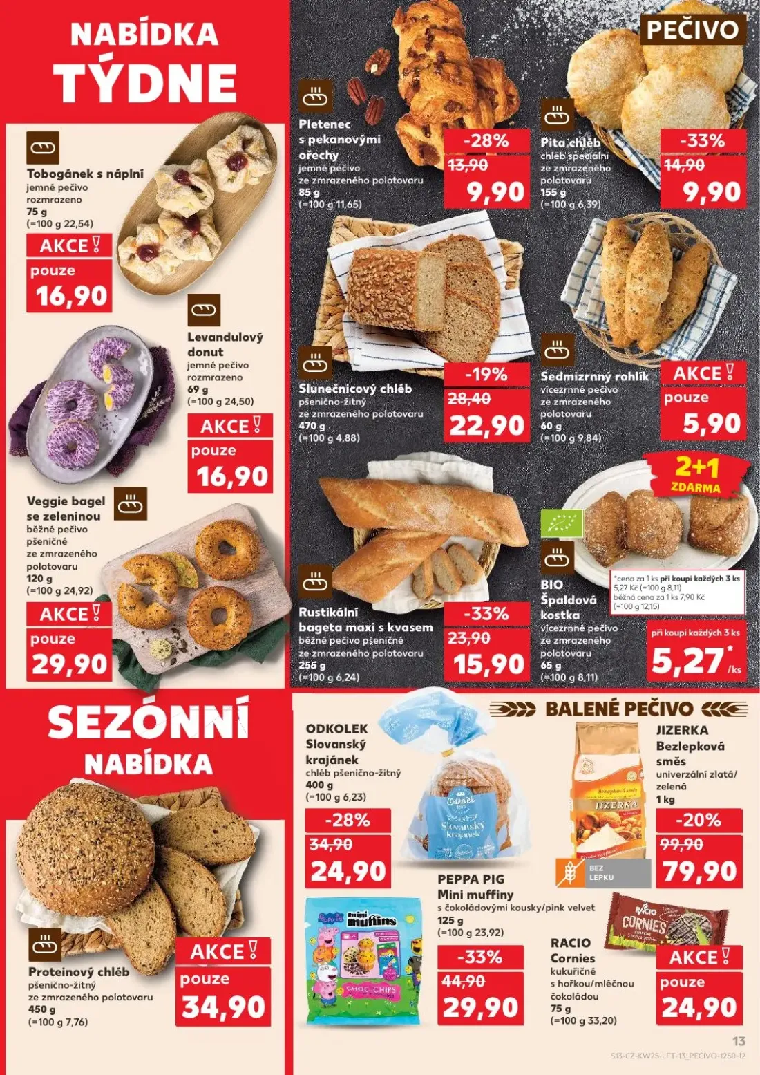Kaufland leták, strana 13 z 52 — PEPPA PIG Mini muffiny, ODKOLEK Slovanský krajánek, Rustikální bageta maxi s kvasem
