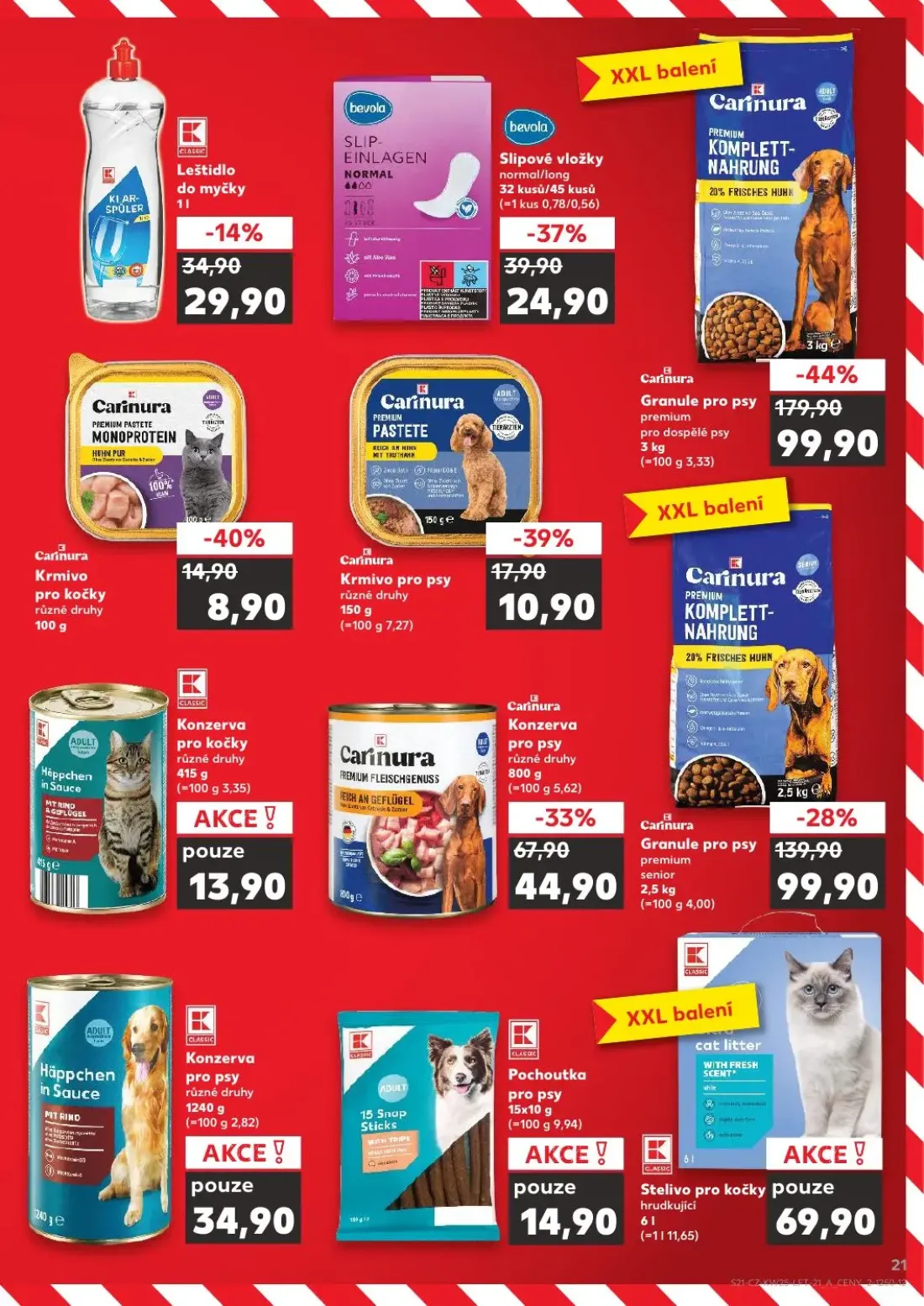 Kaufland leták, strana 21 z 52 — Carinura Granule pro psy premium, Carinura Granule pro psy premium senior, Carinura Konzerv…