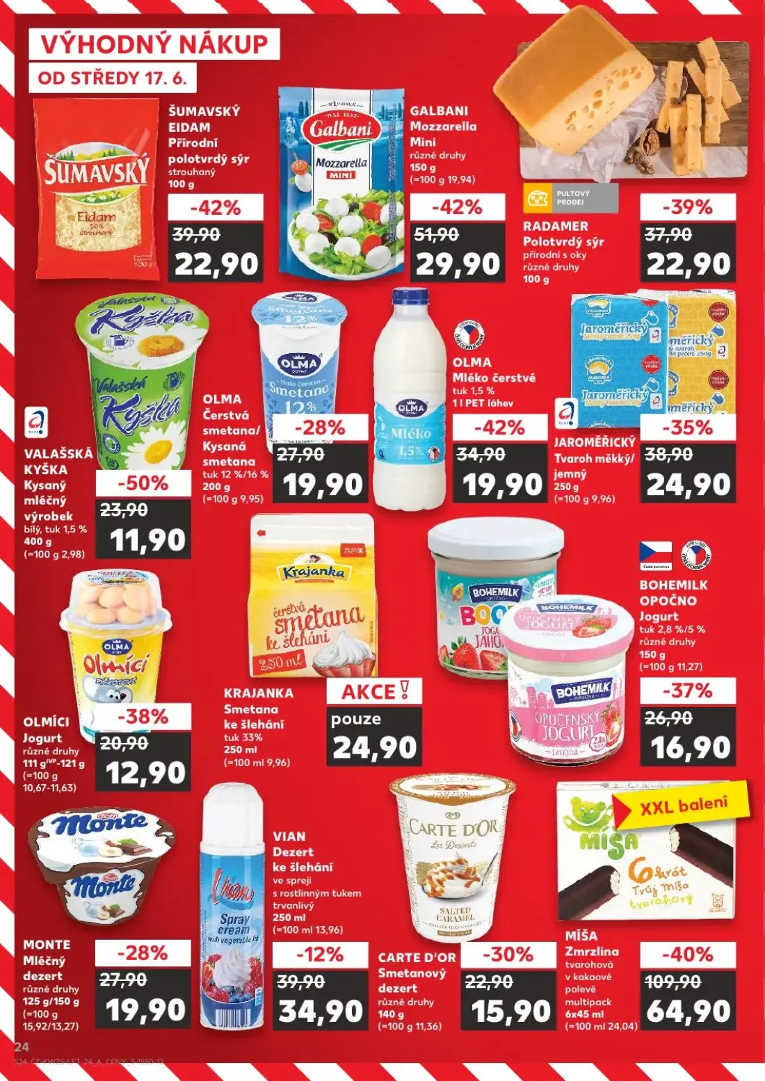 Kaufland leták, strana 24 z 52 — MÍŠA Zmrzlina tvarohová v kakaové polevě multipack, GALBANI Mozzarella Mini, ŠUMAVSKÝ EIDAM…