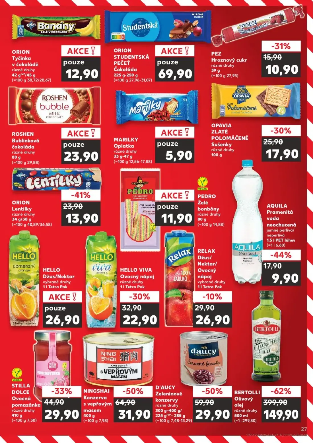 Kaufland leták, strana 27 z 52 — ORION Lentilky, HELLO VIVA Ovocný nápoj, OPAVIA ZLATÉ POLOMÁČENÉ Sušenky
