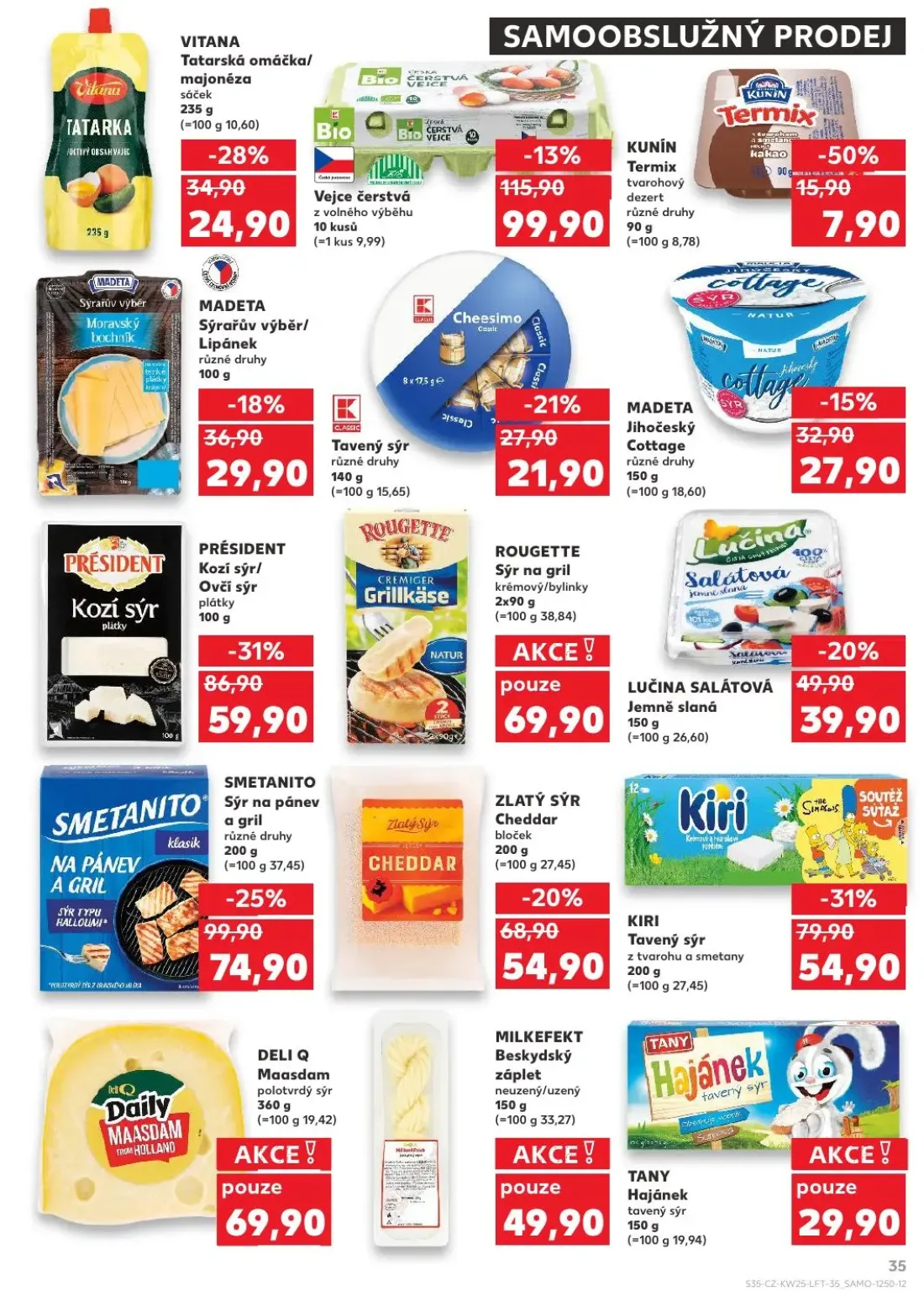 Kaufland leták, strana 35 z 52 — PRÉSIDENT Kozí sýr/Ovčí sýr, SMETANITO Sýr na pánev a gril, KIRI Tavený sýr z tvarohu a sme…