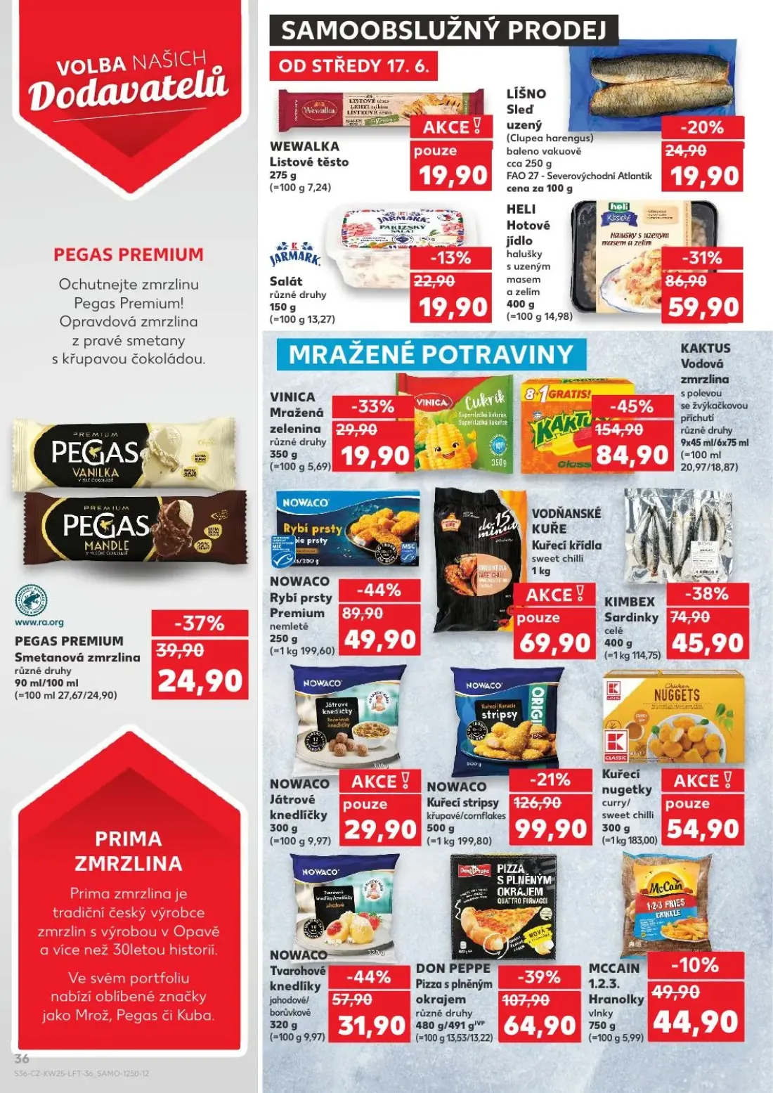 Kaufland leták, strana 36 z 52 — Vodová zmrzlina s polevou se žvýkačkovou příchutí, Pizza s plněným okrajem, Rybí prsty Prem…