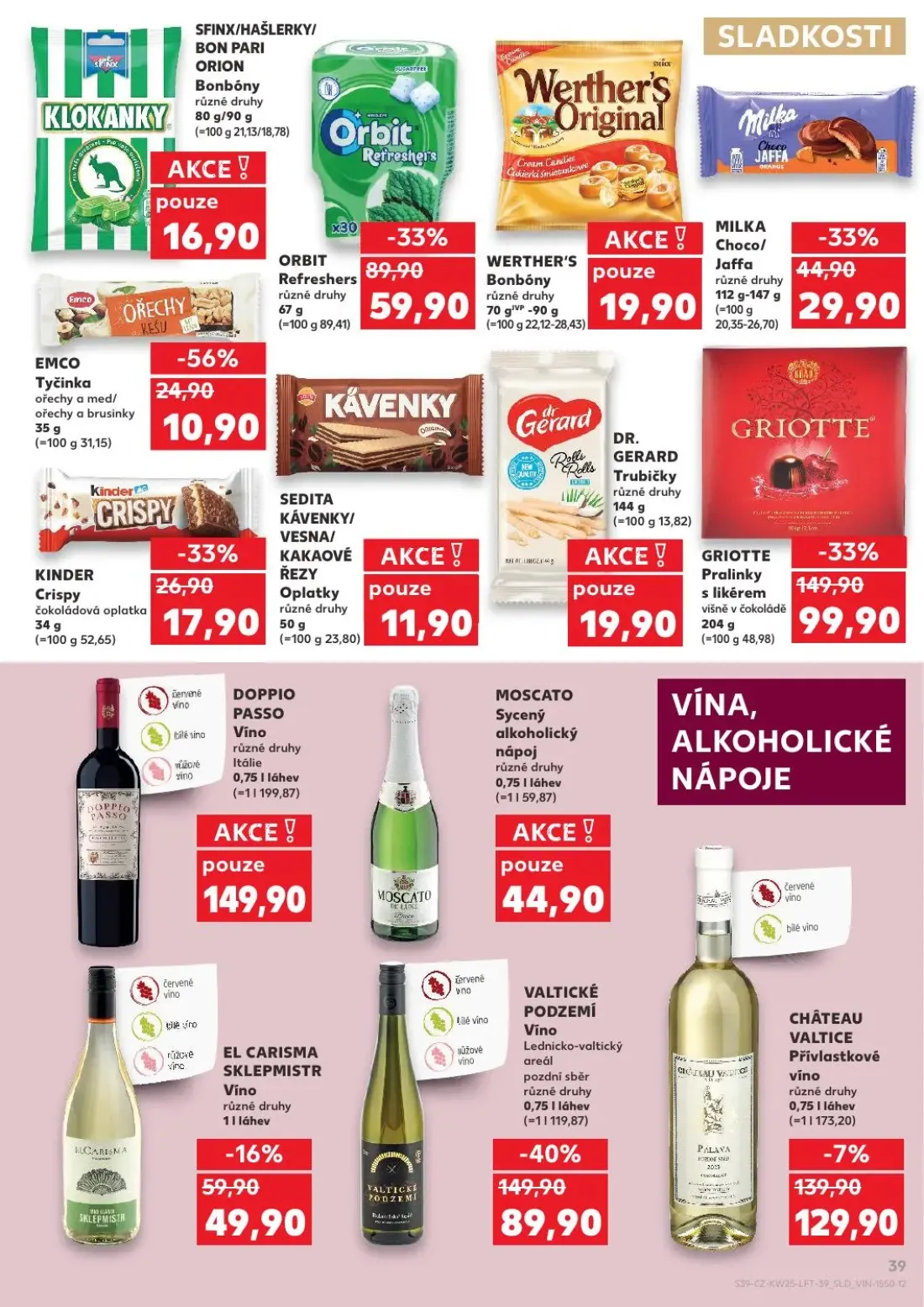 Kaufland leták, strana 39 z 52 — GRIOTTE Pralinky s likérem, ORBIT Refreshers, MILKA Choco/Jaffa