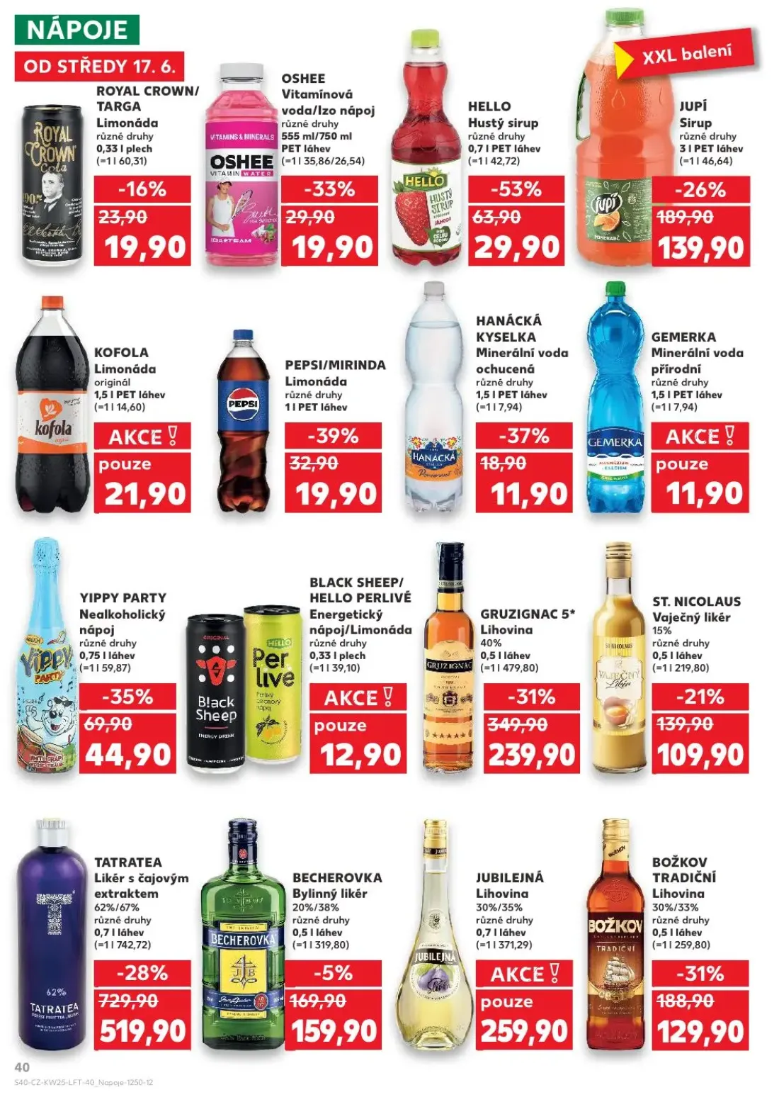 Kaufland leták, strana 40 z 52 — YIPPY PARTY Nealkoholický nápoj, PEPSI/MIRINDA Limonáda, OSHEE Vitamínová voda/Izo nápoj