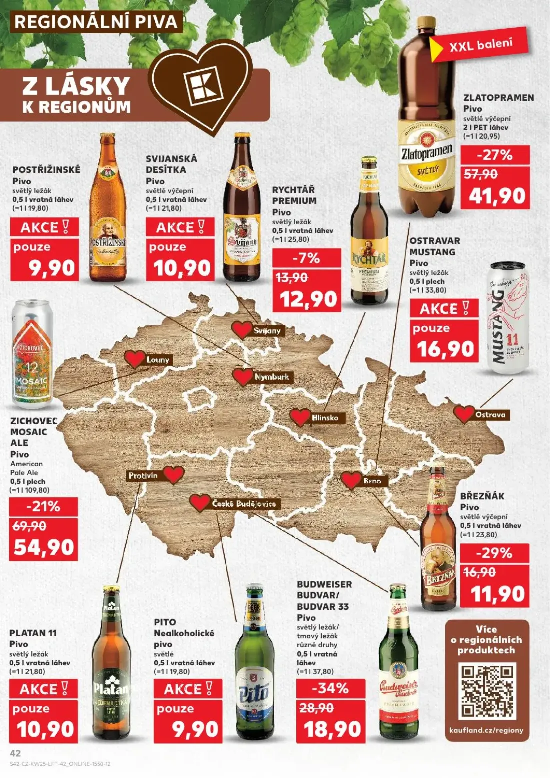 Kaufland leták, strana 42 z 52 — ZLATOPRAMEN Pivo, ZICHOVEC MOSAIC ALE Pivo American Pale Ale, BUDWEISER BUDVAR/ BUDVAR 33 P…