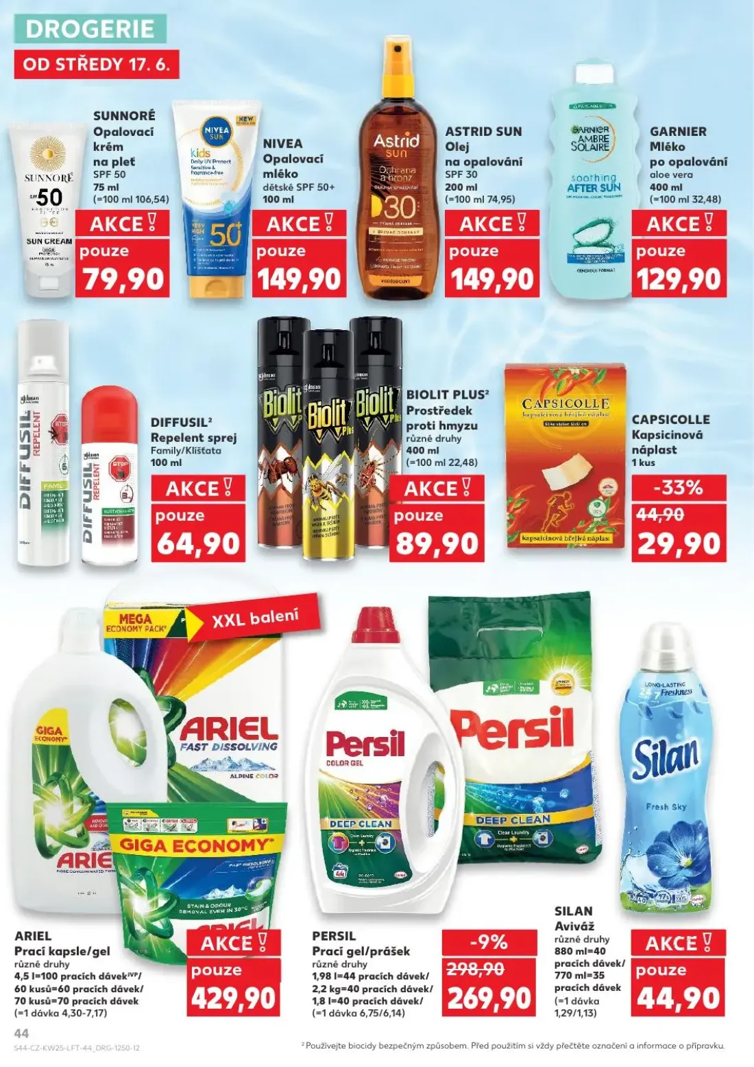 Kaufland leták, strana 44 z 52 — PERSIL Prací gel/prášek různé druhy, ARIEL Prací kapsle/gel různé druhy, SILAN Aviváž různé…