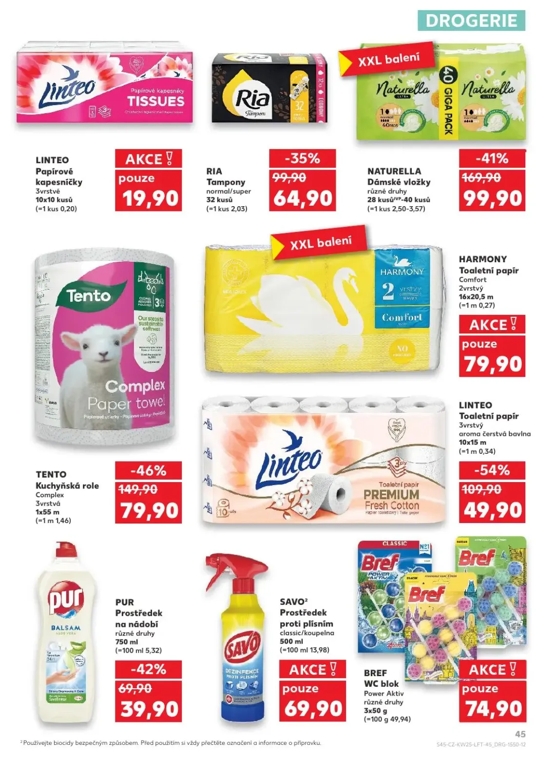 Kaufland leták, strana 45 z 52 — PUR Prostředek na nádobí různé druhy, SAVO2 Prostředek proti plísním classic/koupelna, BREF…
