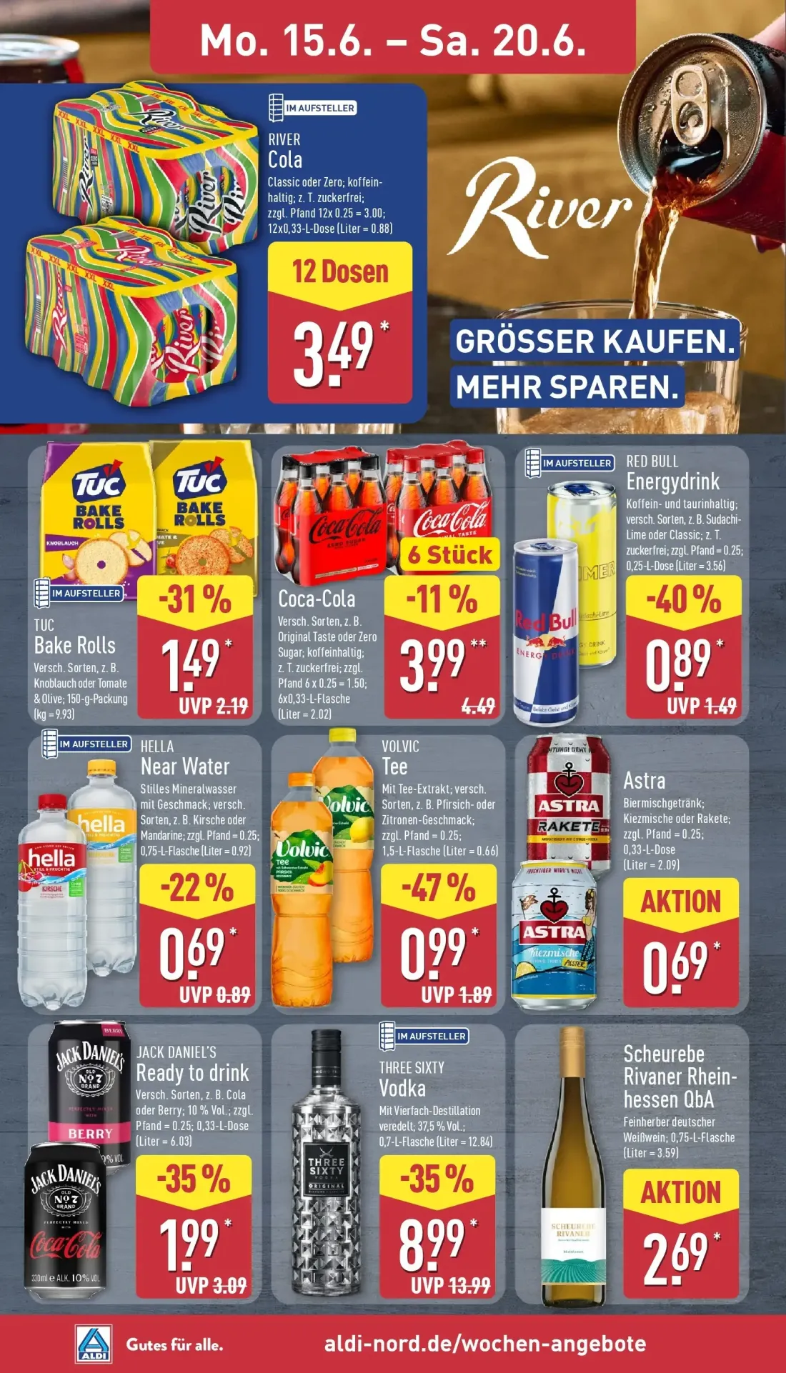 Aldi Nord Prospekt, Seite 14 von 43 — THREE SIXTY Vodka, JACK DANIEL'S Ready to drink, VOLVIC Tee