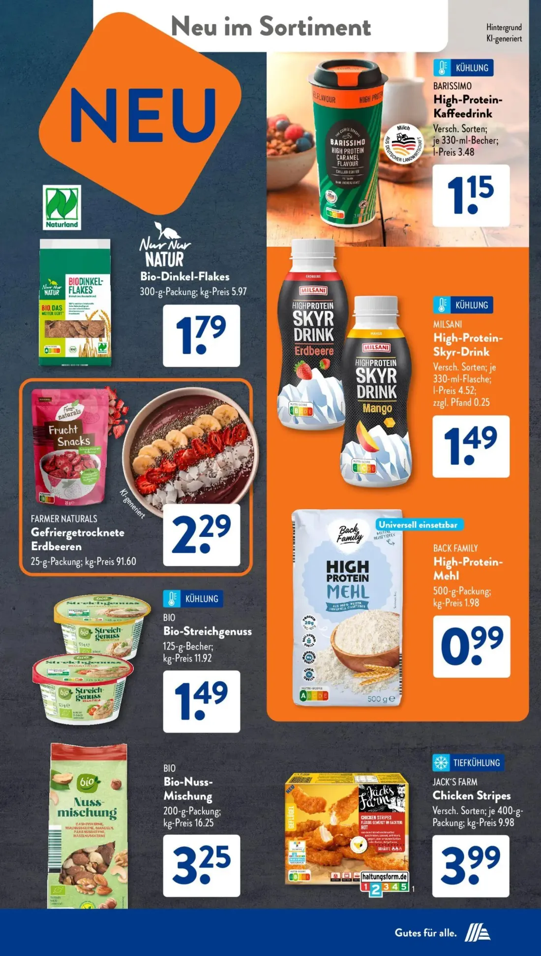 Aldi Süd Prospekt, Seite 17 von 24 — BARISSIMO High-Protein-Kaffeedrink, Nur Nur NATUR Bio-Dinkel-Flakes, MILSANI High-Prote…