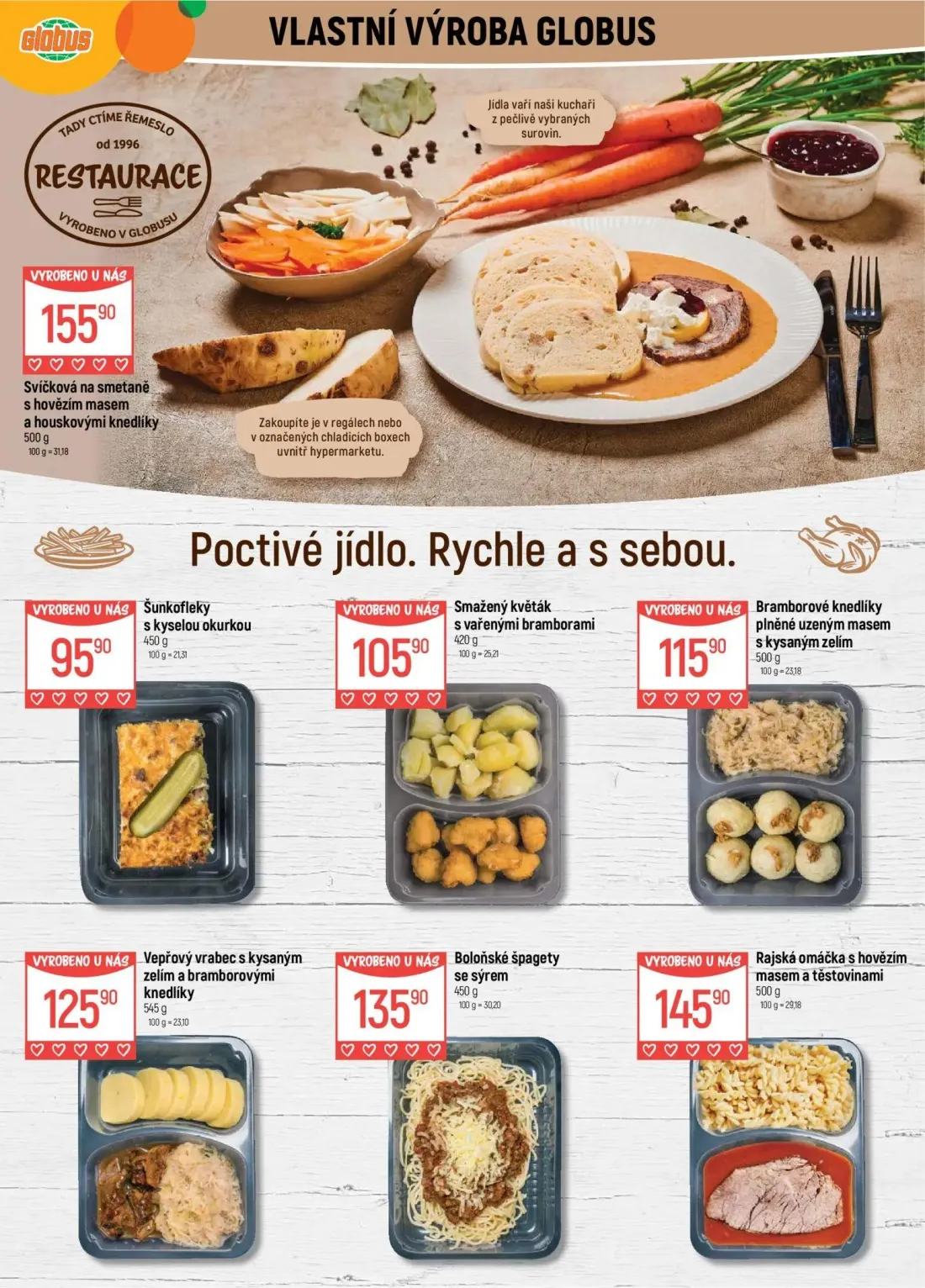 GLOBUS leták, strana 9 z 50 — Svíčková na smetaně s hovězím masem a houskovými knedlíky, Šunkofleky s kyselou okurkou, Smaže…