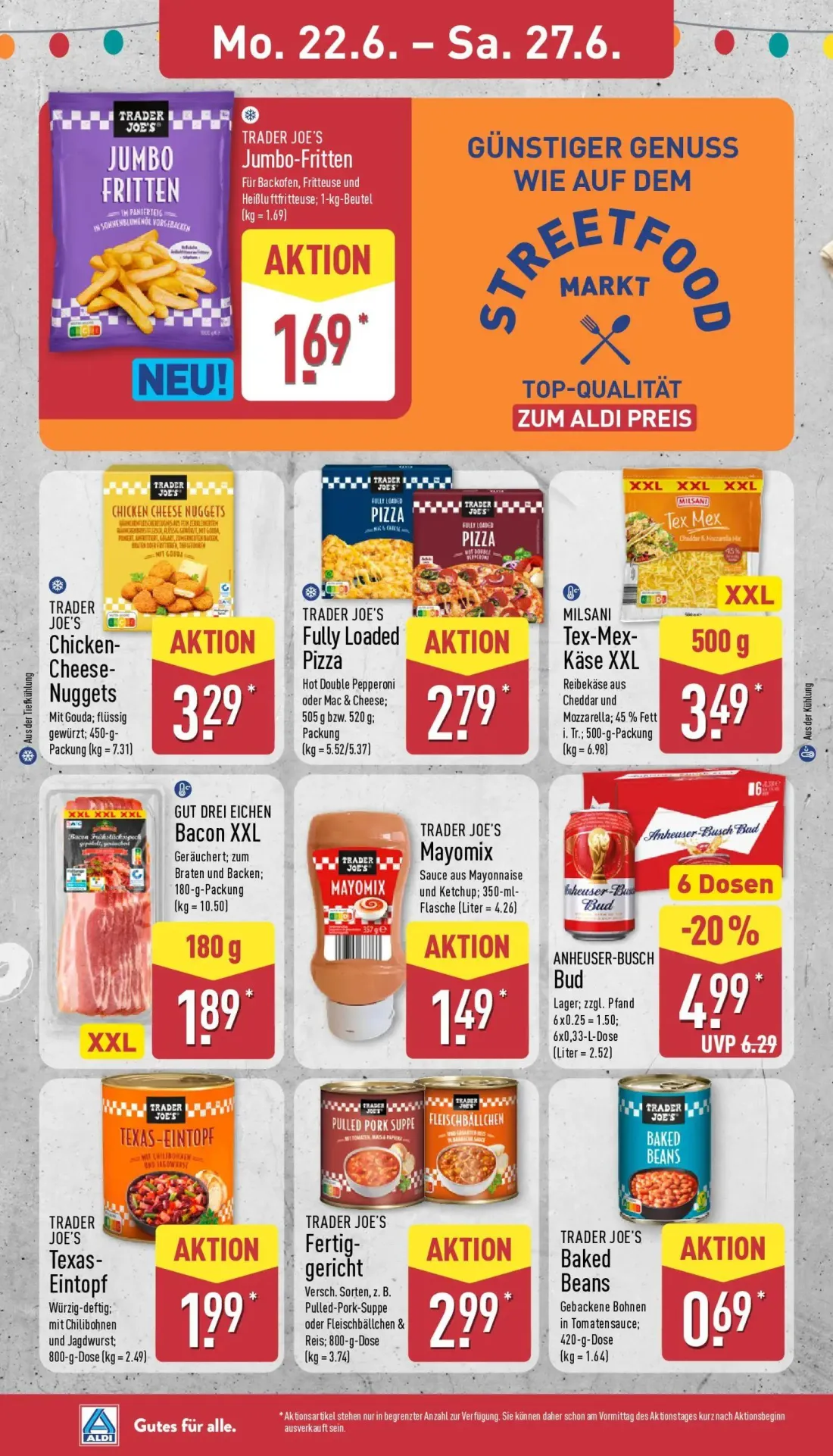 Aldi Nord Prospekt, Seite 12 von 41 — TRADER JOE'S Jumbo-Fritten, TRADER JOE'S Chicken-Cheese-Nuggets, TRADER JOE'S Fully Lo…